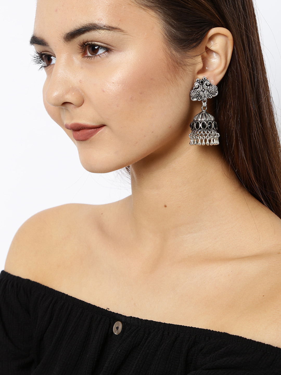 

Ayesha Silver-Toned & Black Oxidized Rhinestone Jhumkas