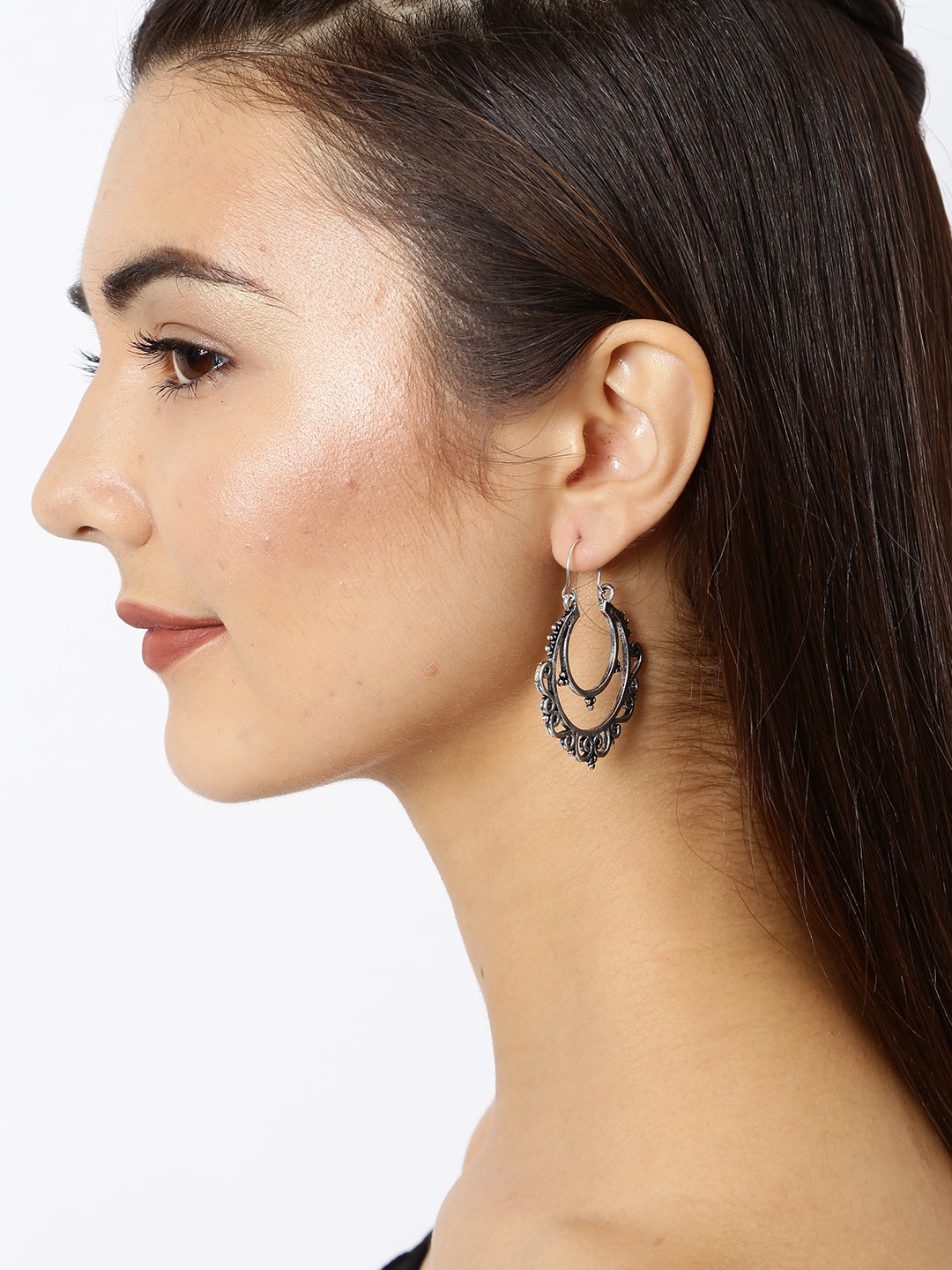 

Ayesha Silver-Toned Contemporary Double Layer Drop Earrings
