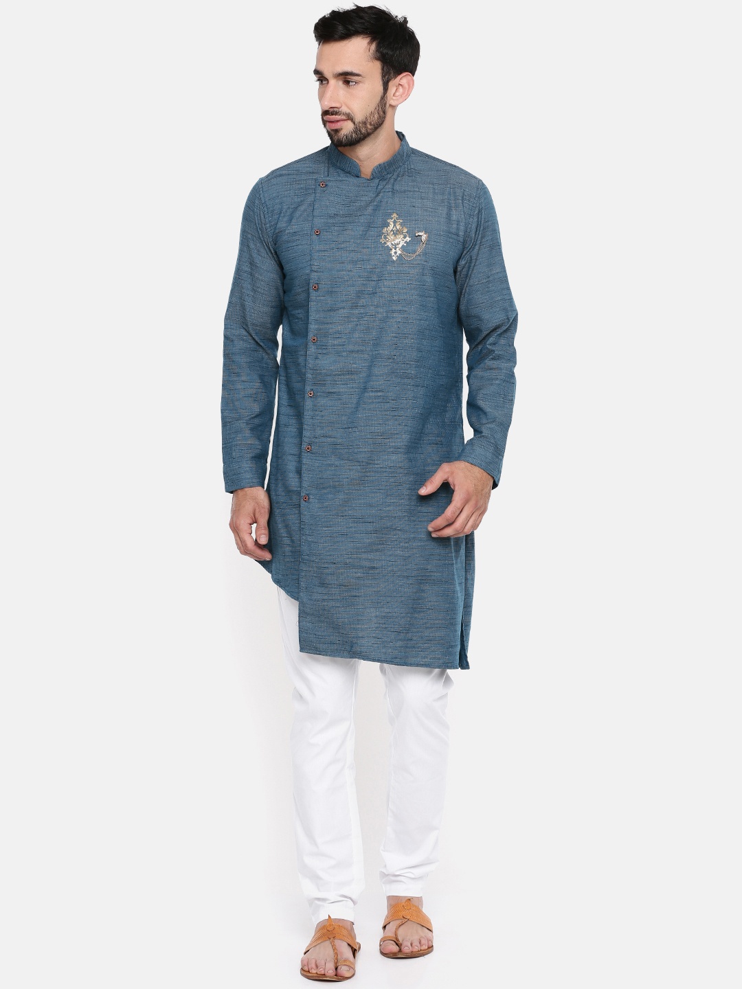 

Freehand Men Blue & White Solid Kurta with Pyjamas