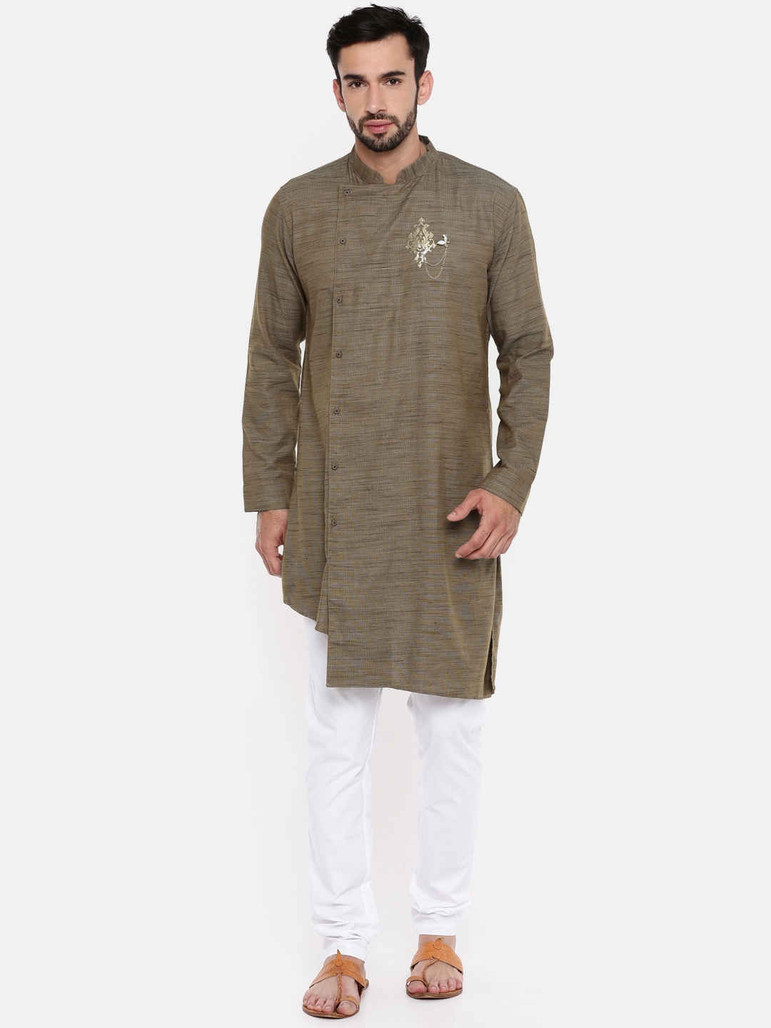 

Freehand by The Indian Garage Co Men Brown White Solid Kurta with Pyjamas