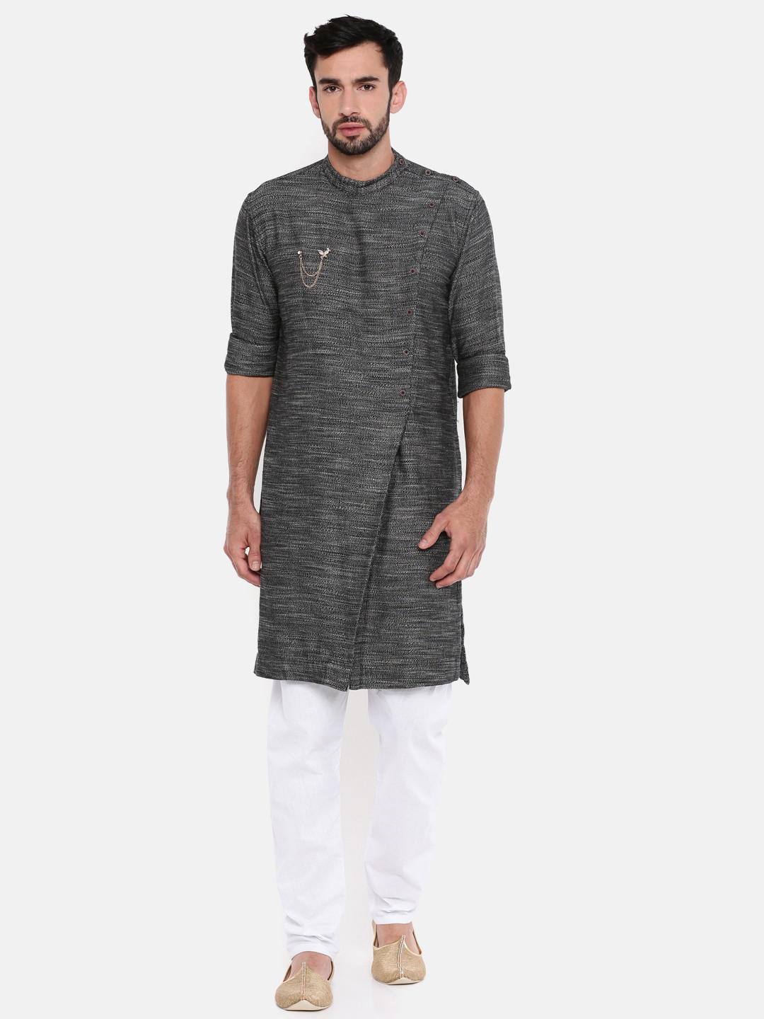 

Freehand Men Black & White Woven Design Straight Kurta