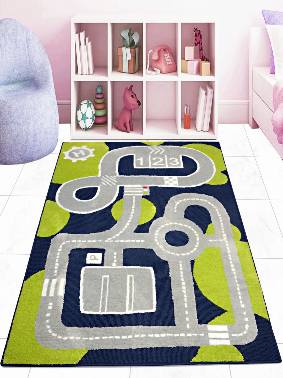 

Saral Home Green and Navy Blue Anti Slip Kids Floor Carpet