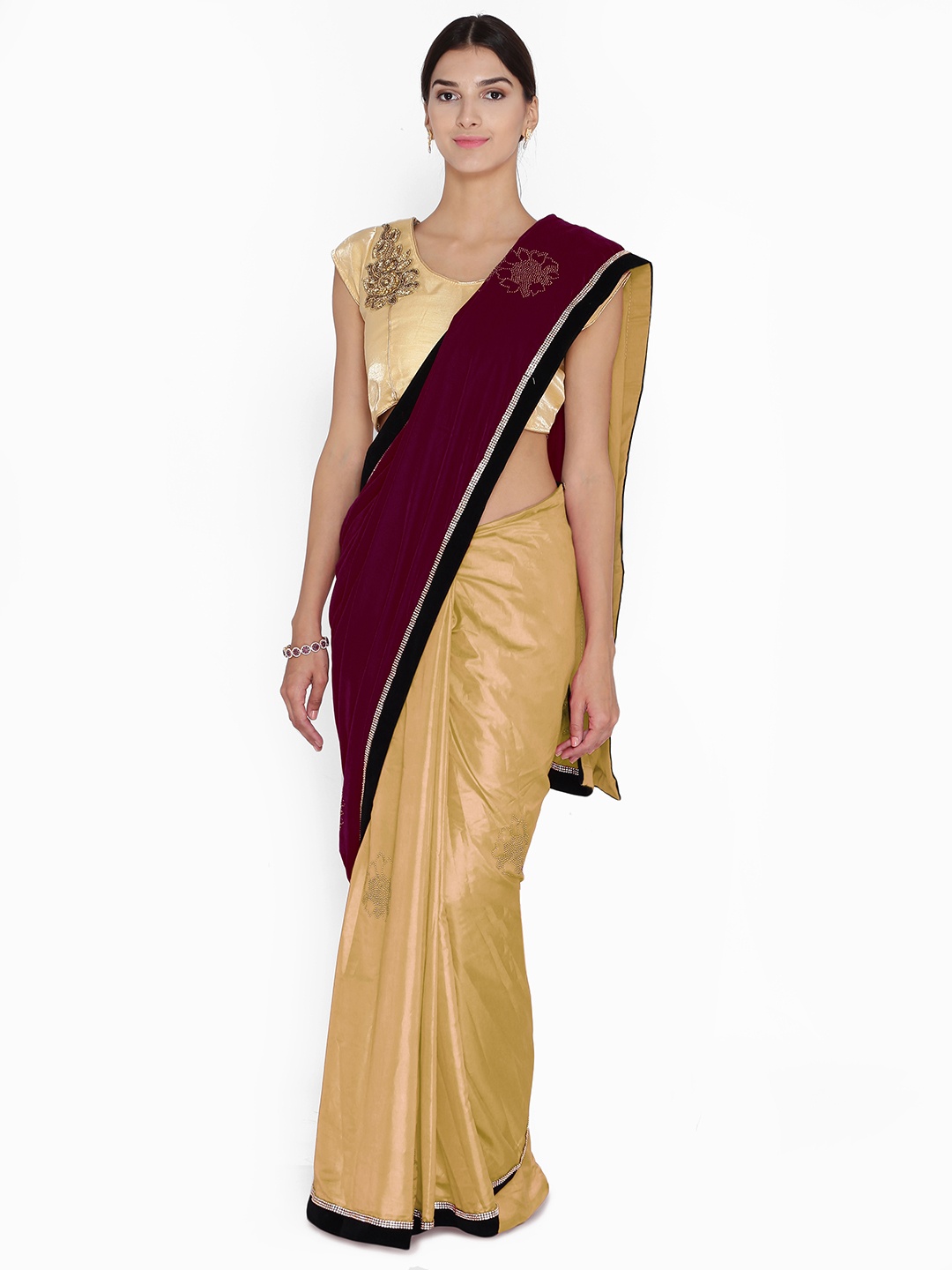 

Chhabra 555 Burgundy & Gold-Toned Velvet Solid Saree