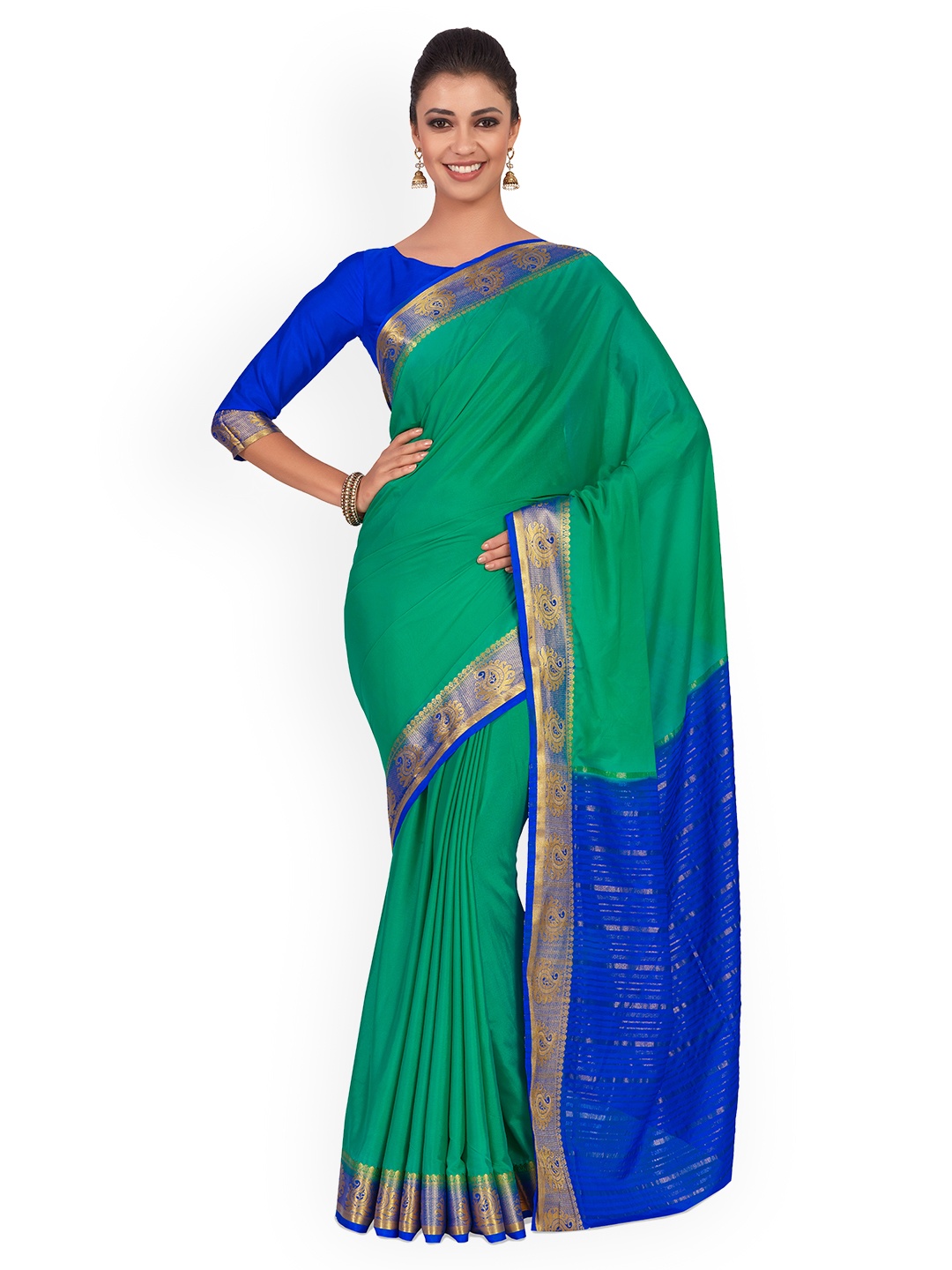

MIMOSA Green Poly Crepe Solid Kanjeevaram Saree