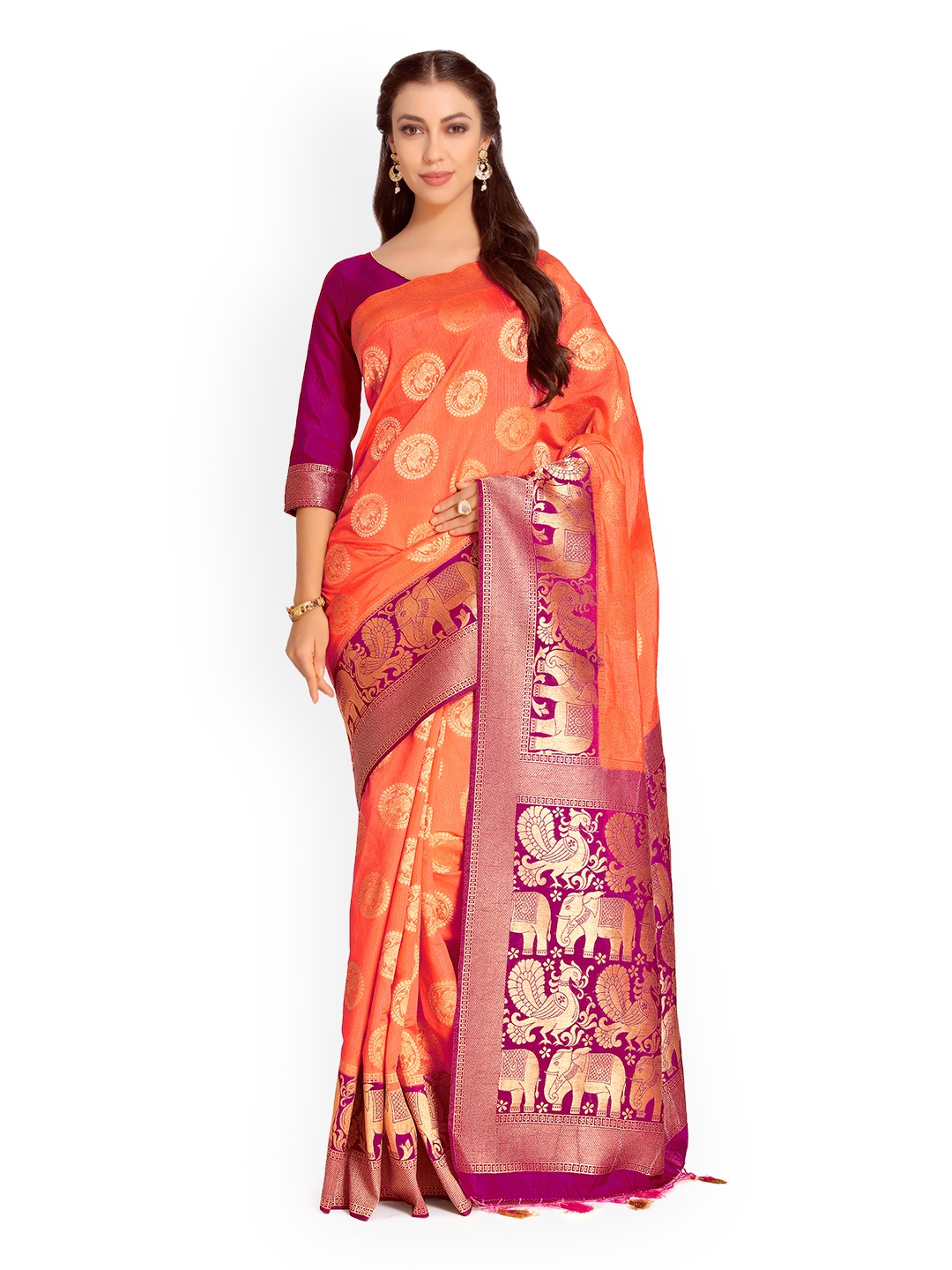 

MIMOSA Orange Art Silk Embellished Kanjeevaram Saree