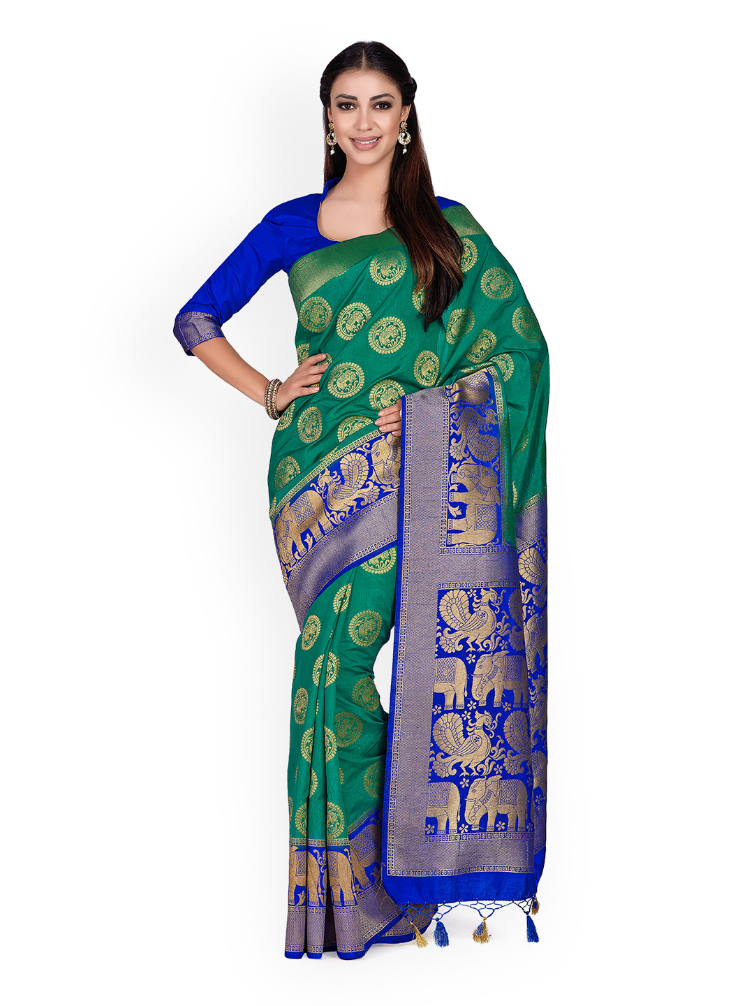 

MIMOSA Green & Blue Art Silk Embellished Kanjeevaram Saree