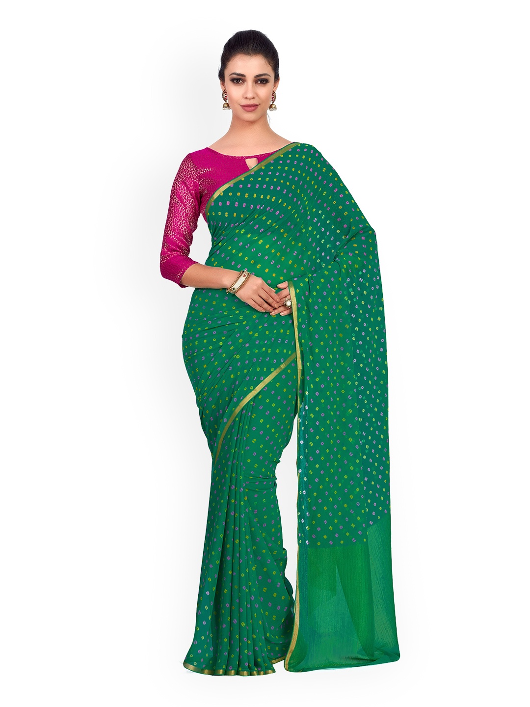 

MIMOSA Green Printed Poly Chiffon Saree