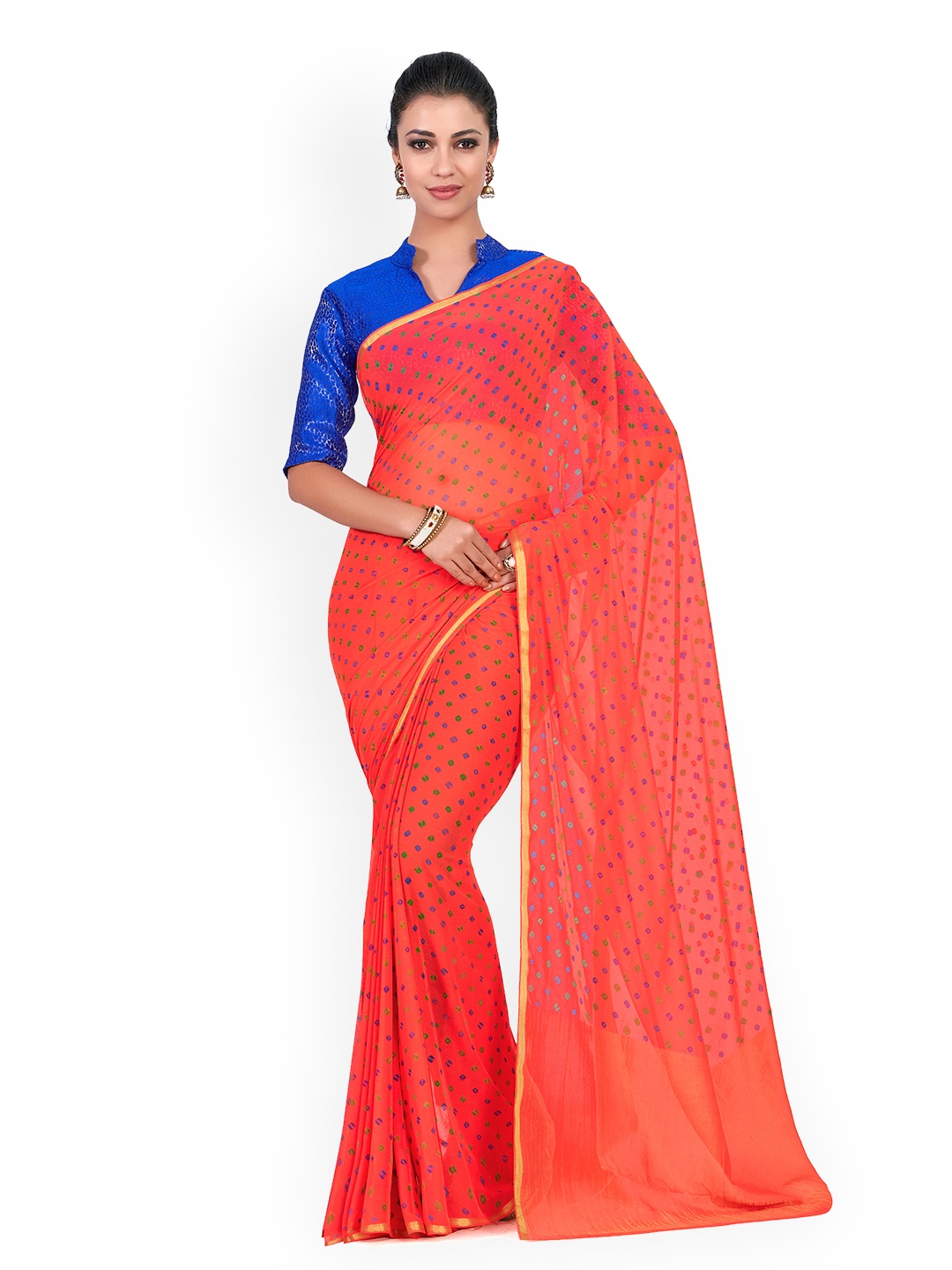 

MIMOSA Peach-Coloured Printed Poly Chiffon Saree