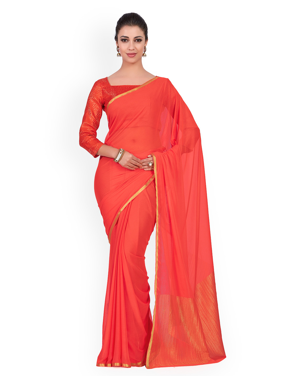 

MIMOSA Orange Solid Poly Chiffon Saree