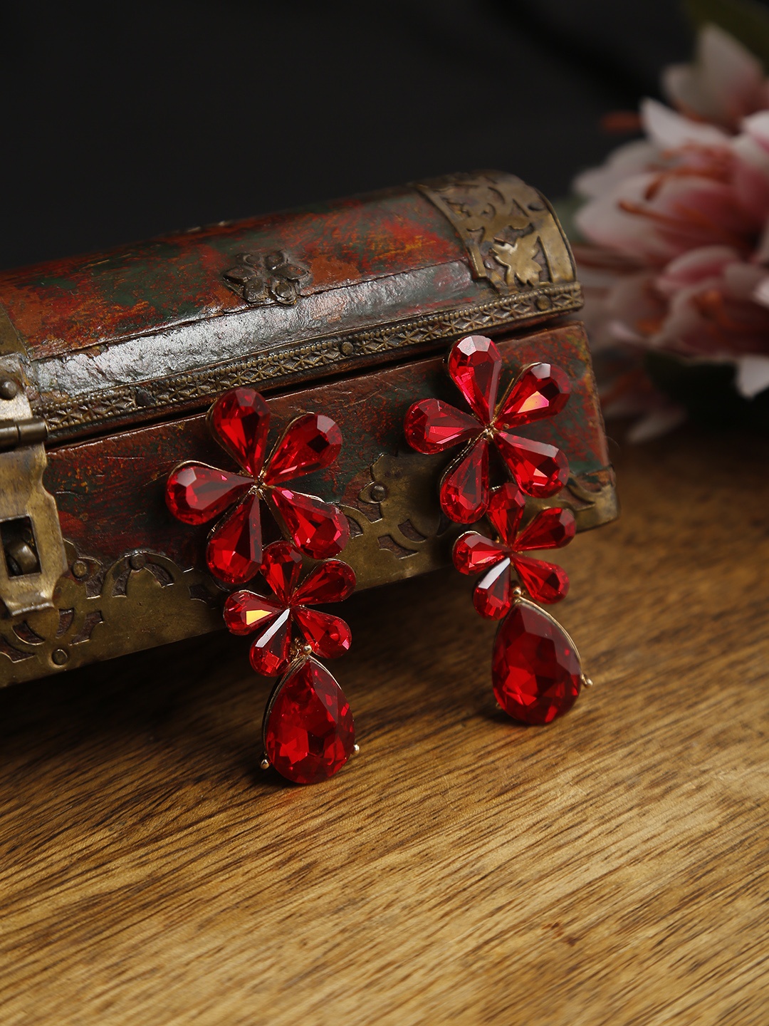 

YouBella Red Gold-Plated Stone-Studded Floral Drop Earrings