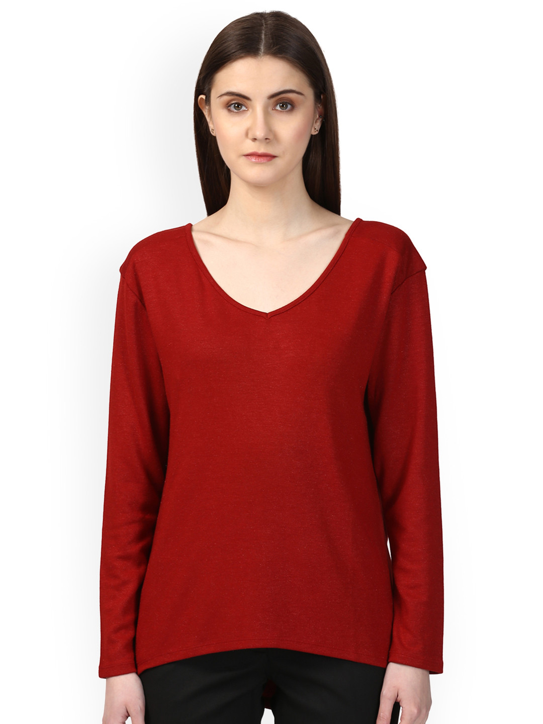 

Park Avenue Women Red Solid V-Neck T-shirt