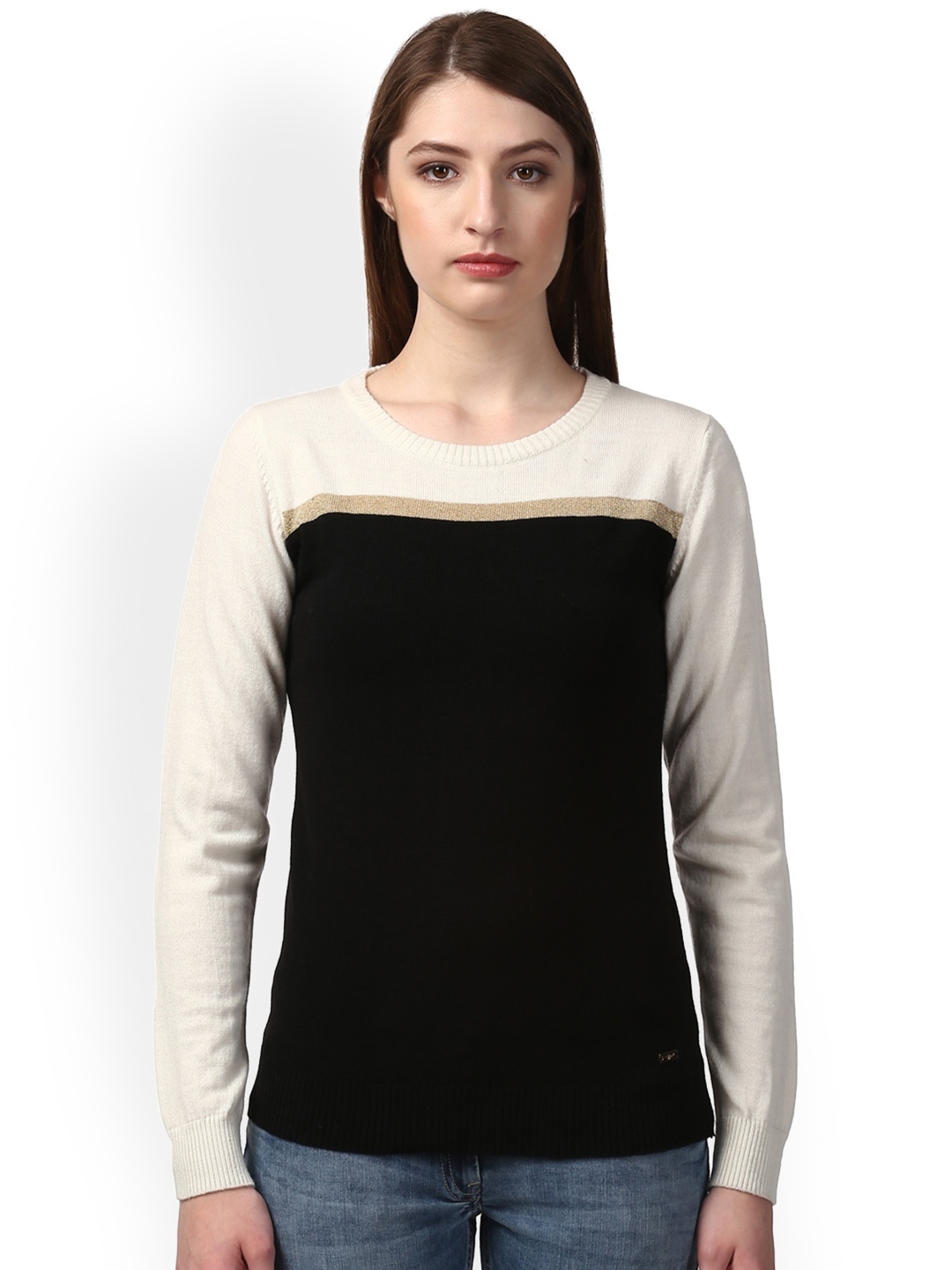 

Park Avenue Women Black & White Colourblocked Pullover