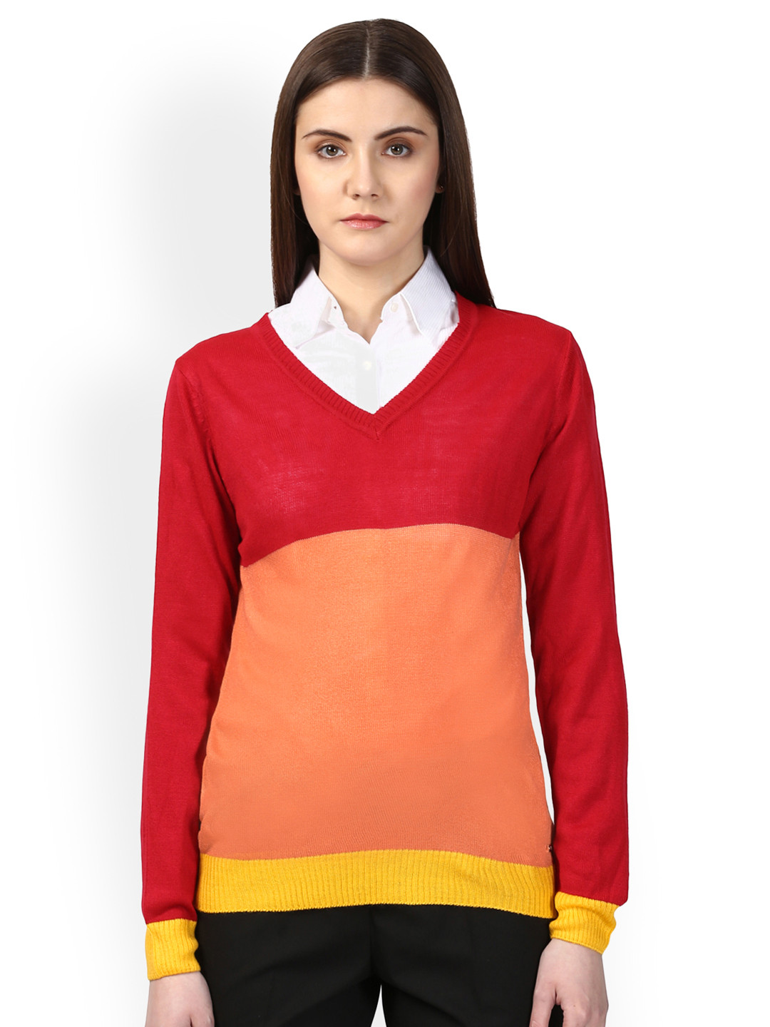 

Park Avenue Women Red & Orange Colourblocked Pullover