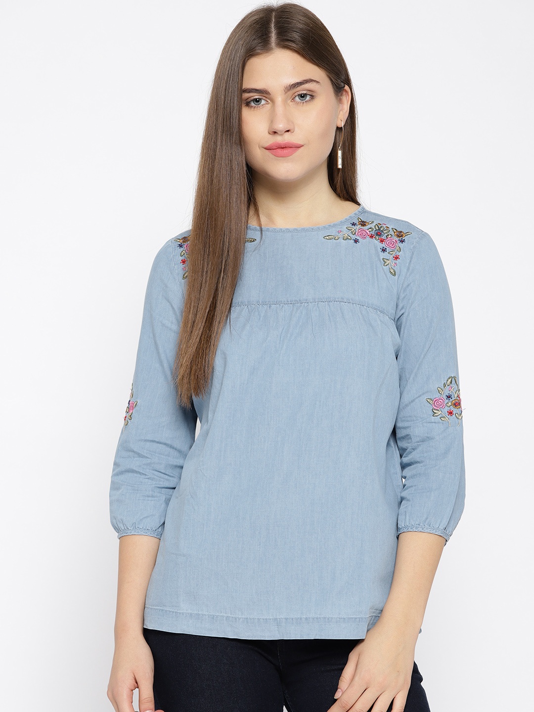 

Xpose Women Blue Chambray Solid Pure Cotton Top