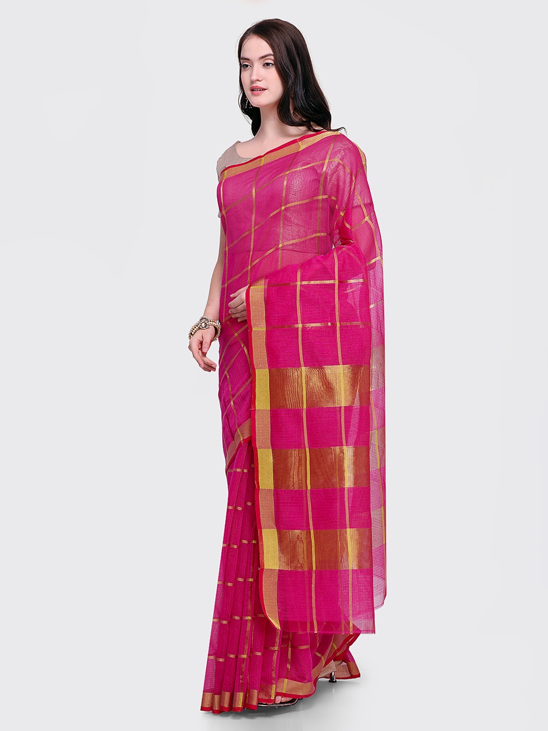 

Sugathari Pink & Gold-Coloured Organza Woven Design Kanjeevaram Saree