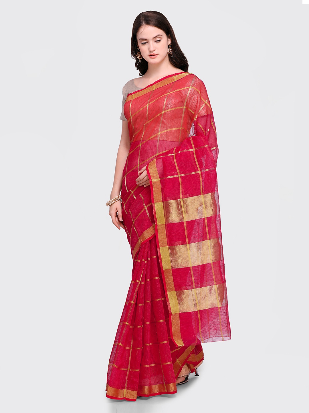 

Sugathari Red & Gold-Coloured Organza Woven Design Maheshwari Saree