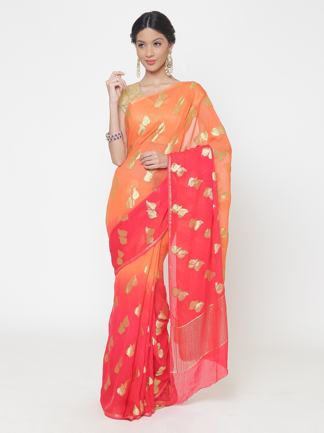 

Chhabra 555 Peach-Coloured & Pink Poly Georgette Woven Design Leheriya Saree