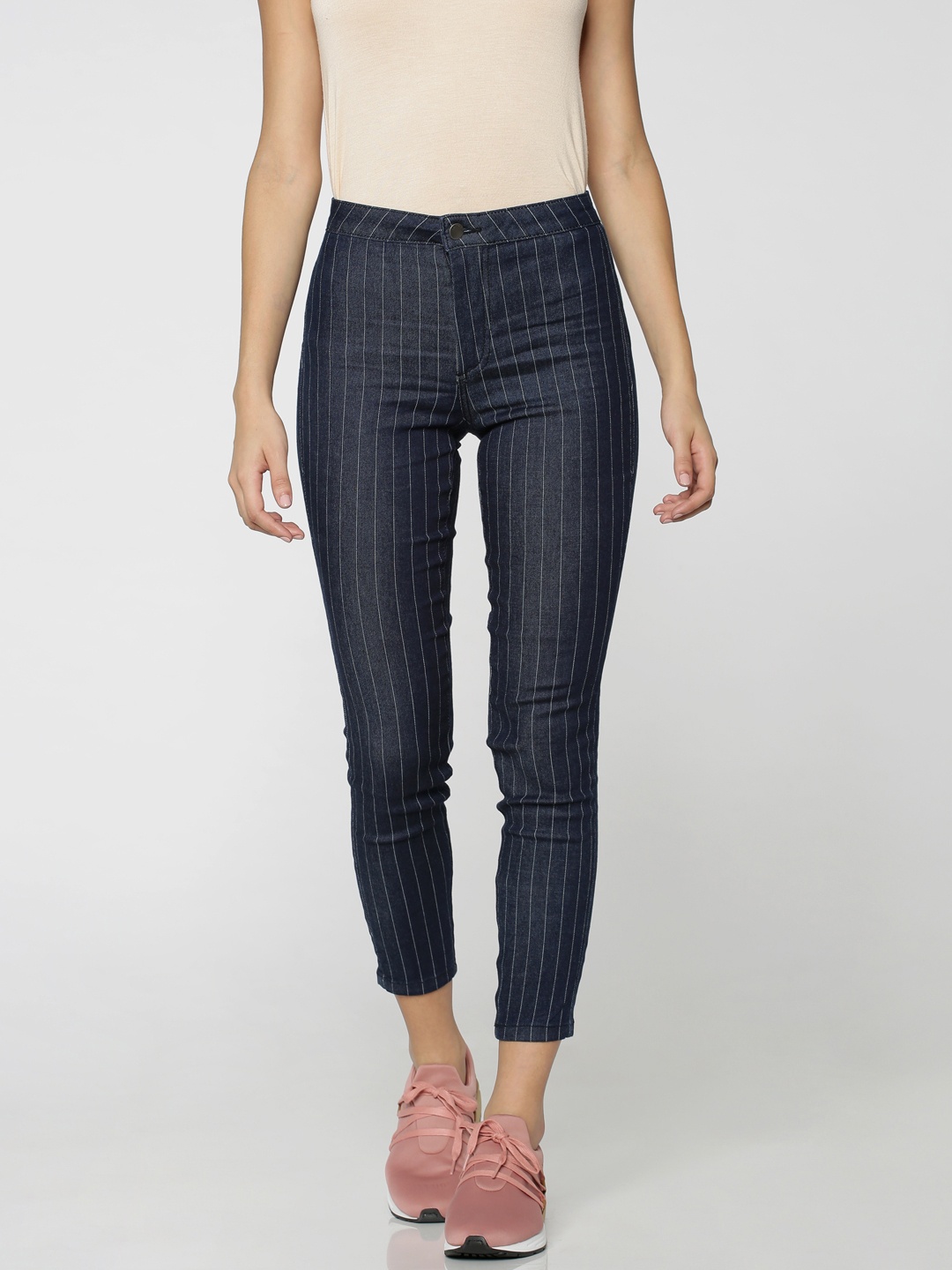 

ONLY Women Navy & White Striped Skinny Cropped Jeggings, Navy blue
