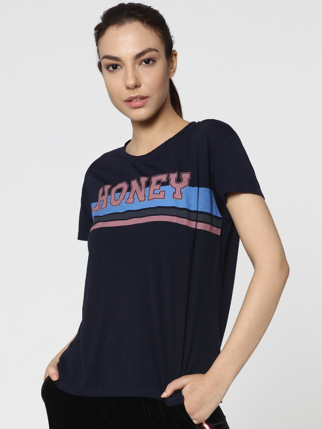 

ONLY Women Navy Blue Printed Round Neck T-shirt