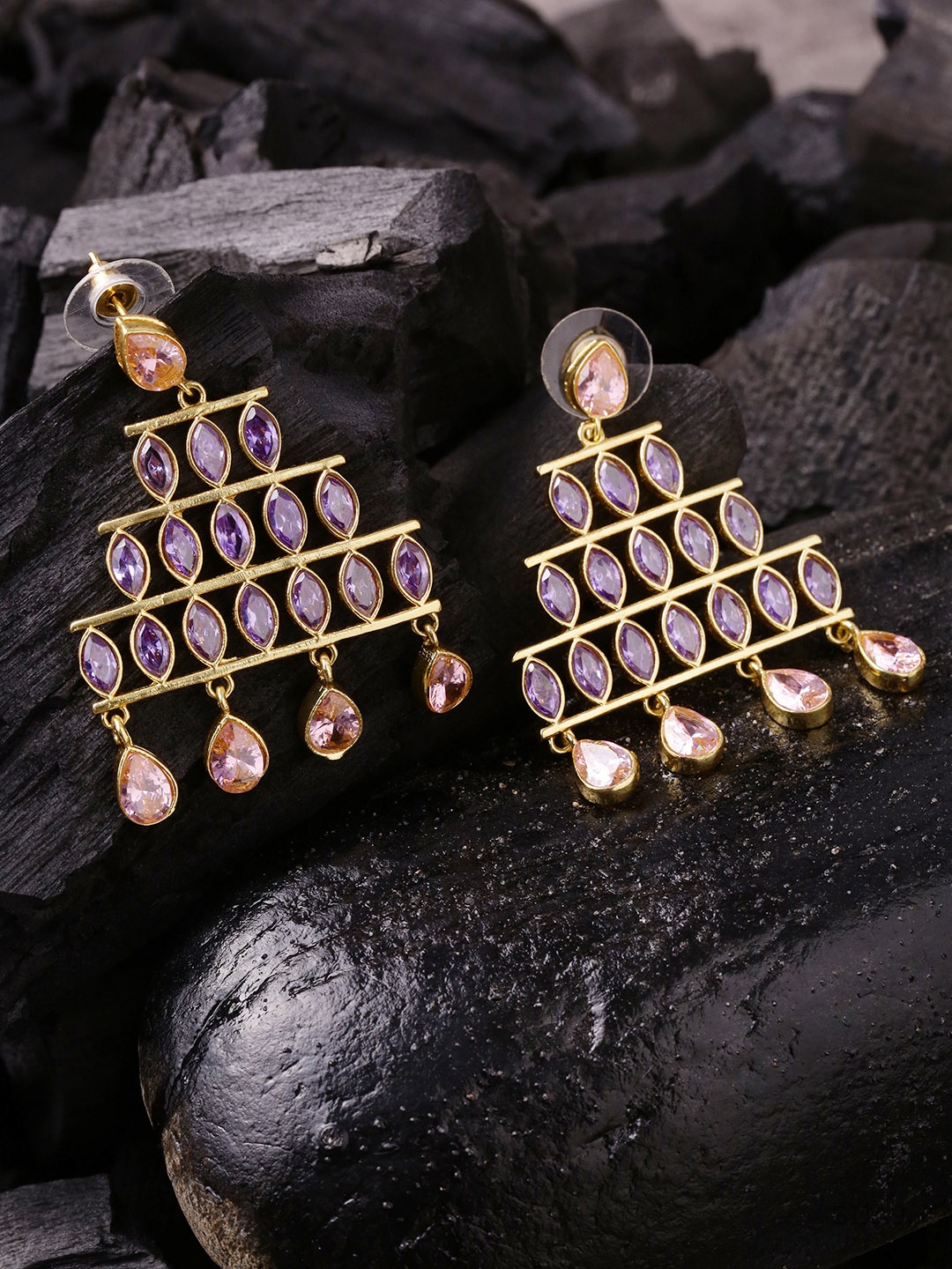 

Studio Voylla Gold-Toned & Pink Gold-Plated Triangular Cubic Zirconia Drop Earrings
