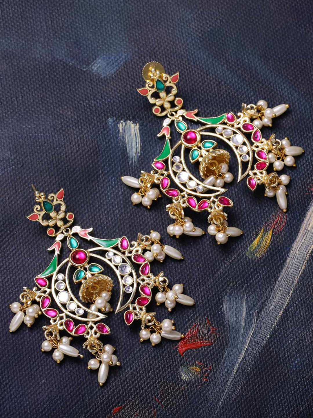 

Voylla Gold-Toned & Red Peacock Shaped Drop Earrings