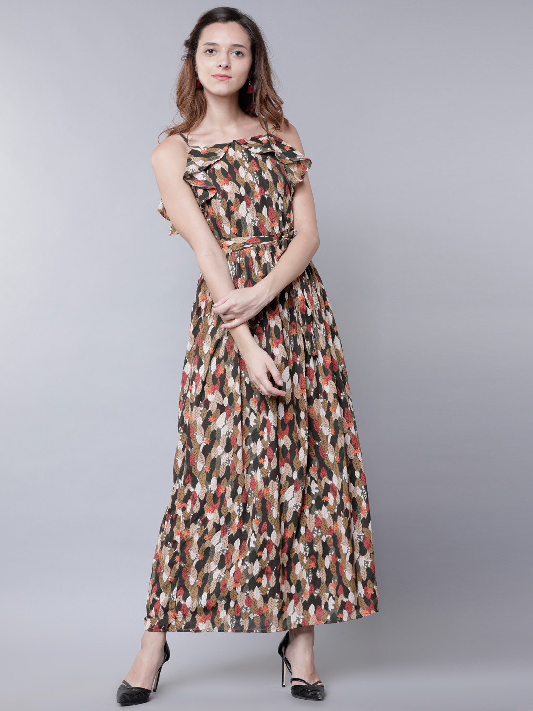 

Tokyo Talkies Women Olive Green Printed Fit and Flare Maxi Dress