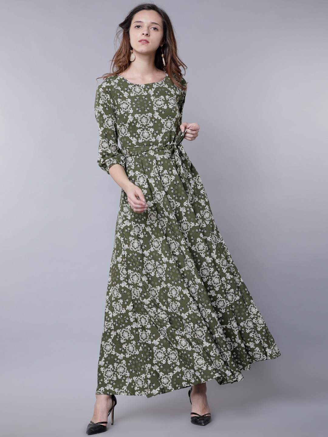 

Tokyo Talkies Women Olive Green Printed Maxi Dress