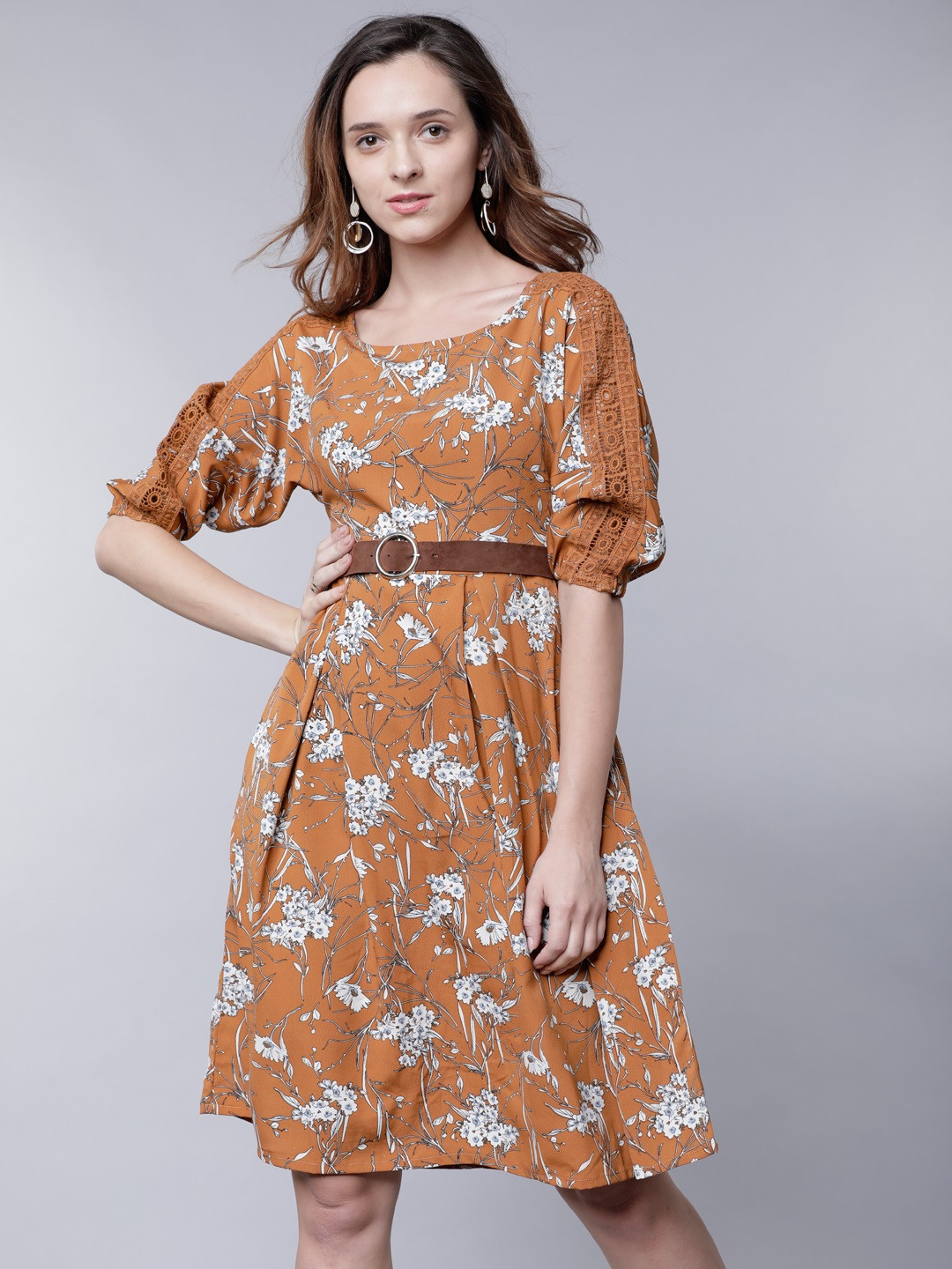 

Tokyo Talkies Women Brown Printed Fit and Flare Dress