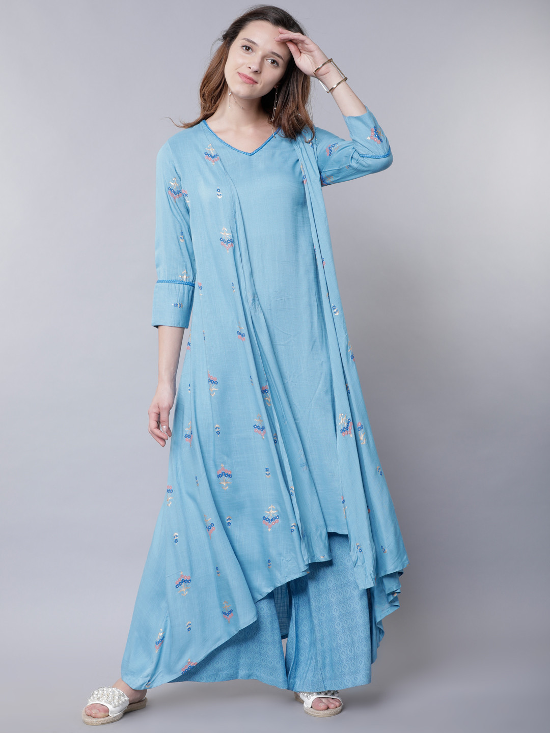 

Vishudh Women Blue & Peach-Coloured Printed Layered Kurta with Palazzos