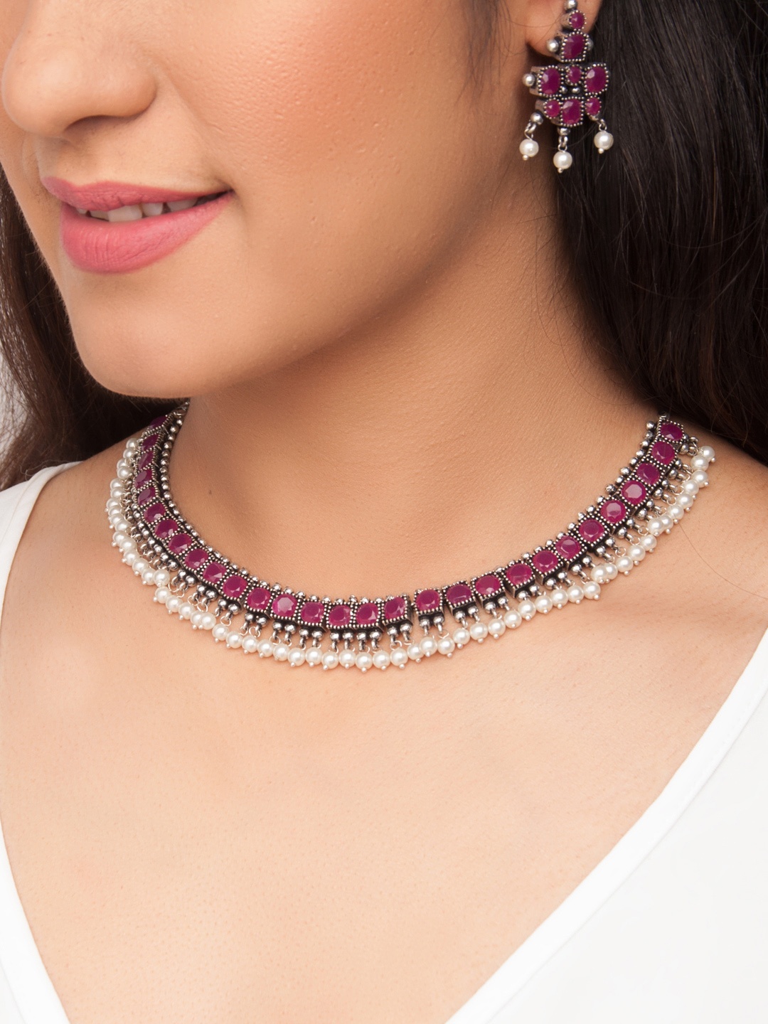 

Rubans Oxidised Silver Toned Faux Ruby Studded Pearl Necklace Set