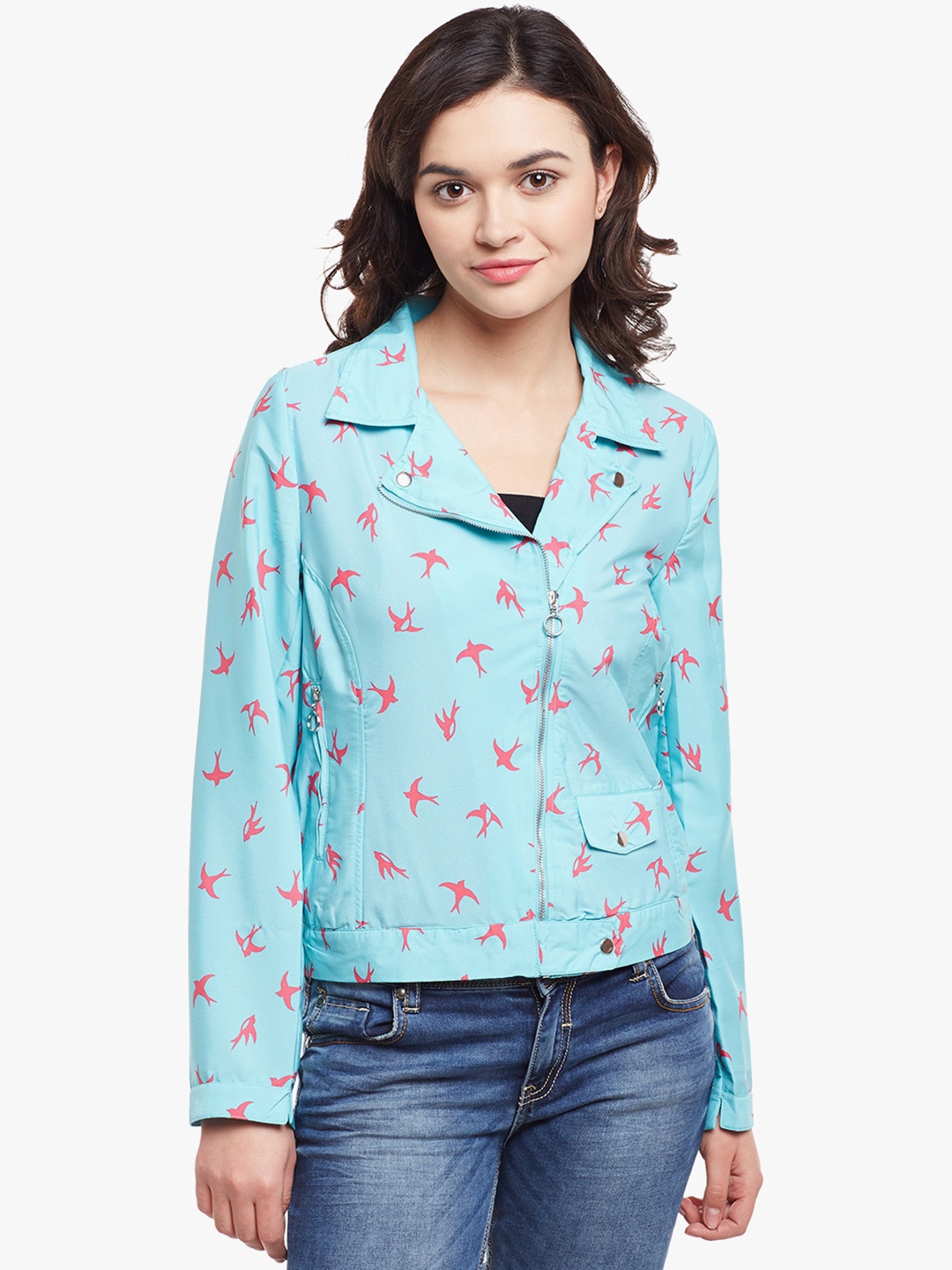 

Oxolloxo Women Turquoise Blue Printed Tailored Jacket