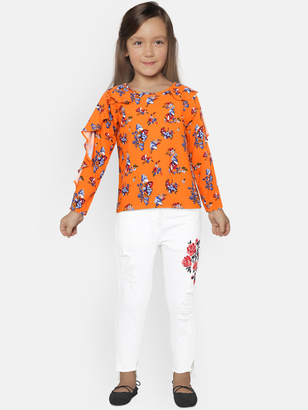

United Colors of Benetton Girls Orange Floral Print Top