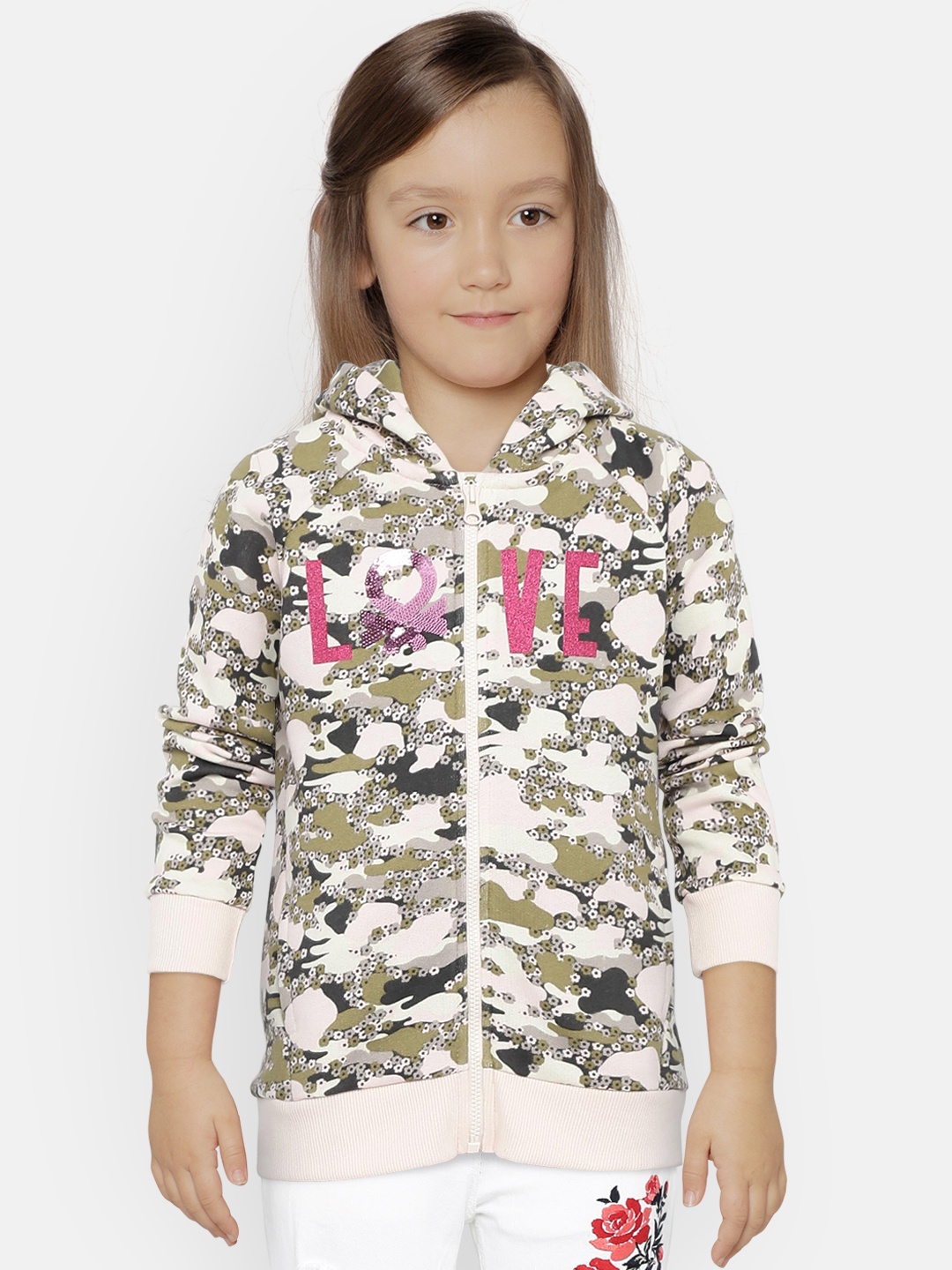 

United Colors of Benetton Girls Olive Green & Pink Printed Hooded Sweatshirt