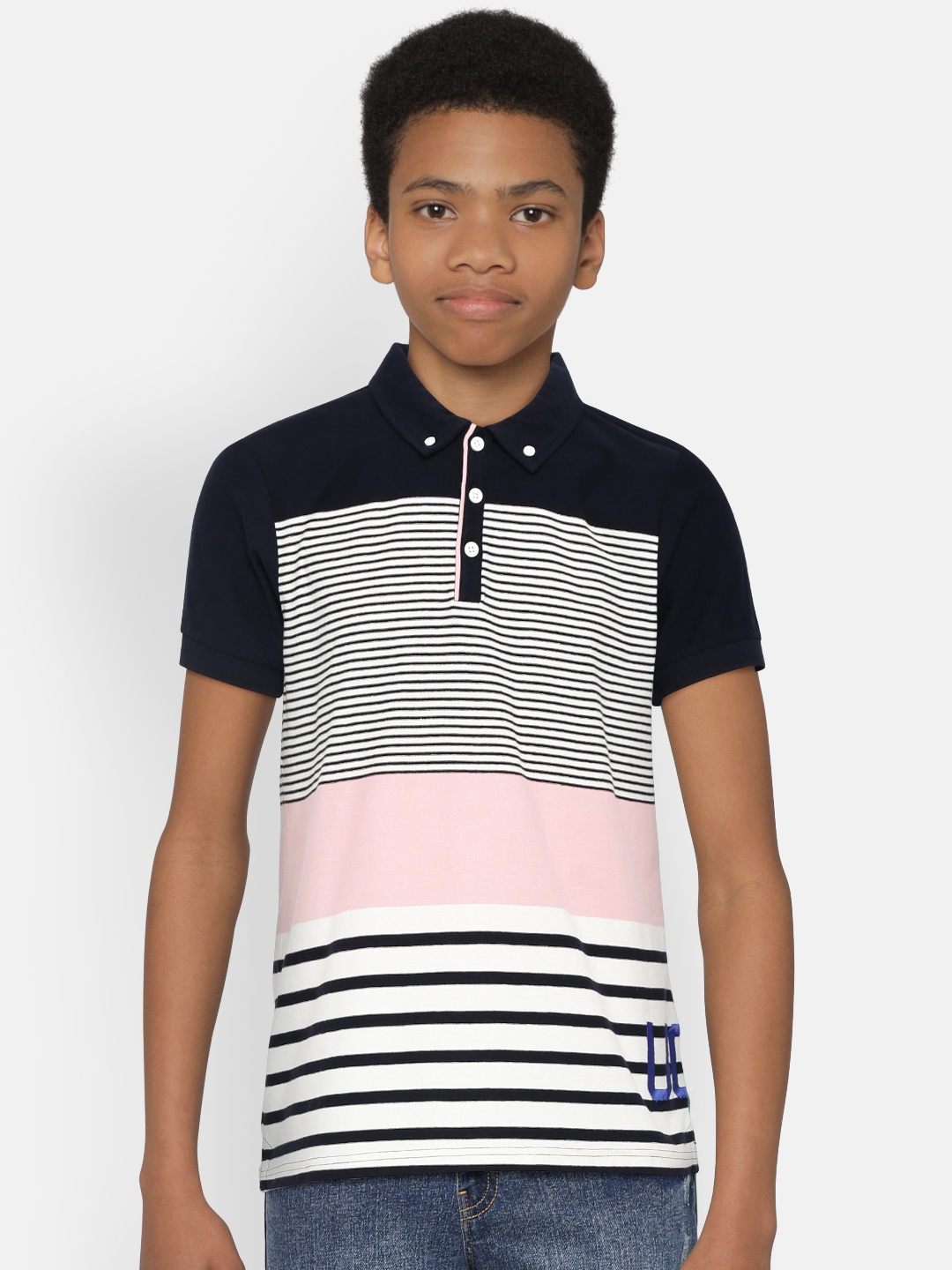 

United Colors of Benetton Boys Navy Blue White Striped Polo Collar Pure Cotton T-shirt