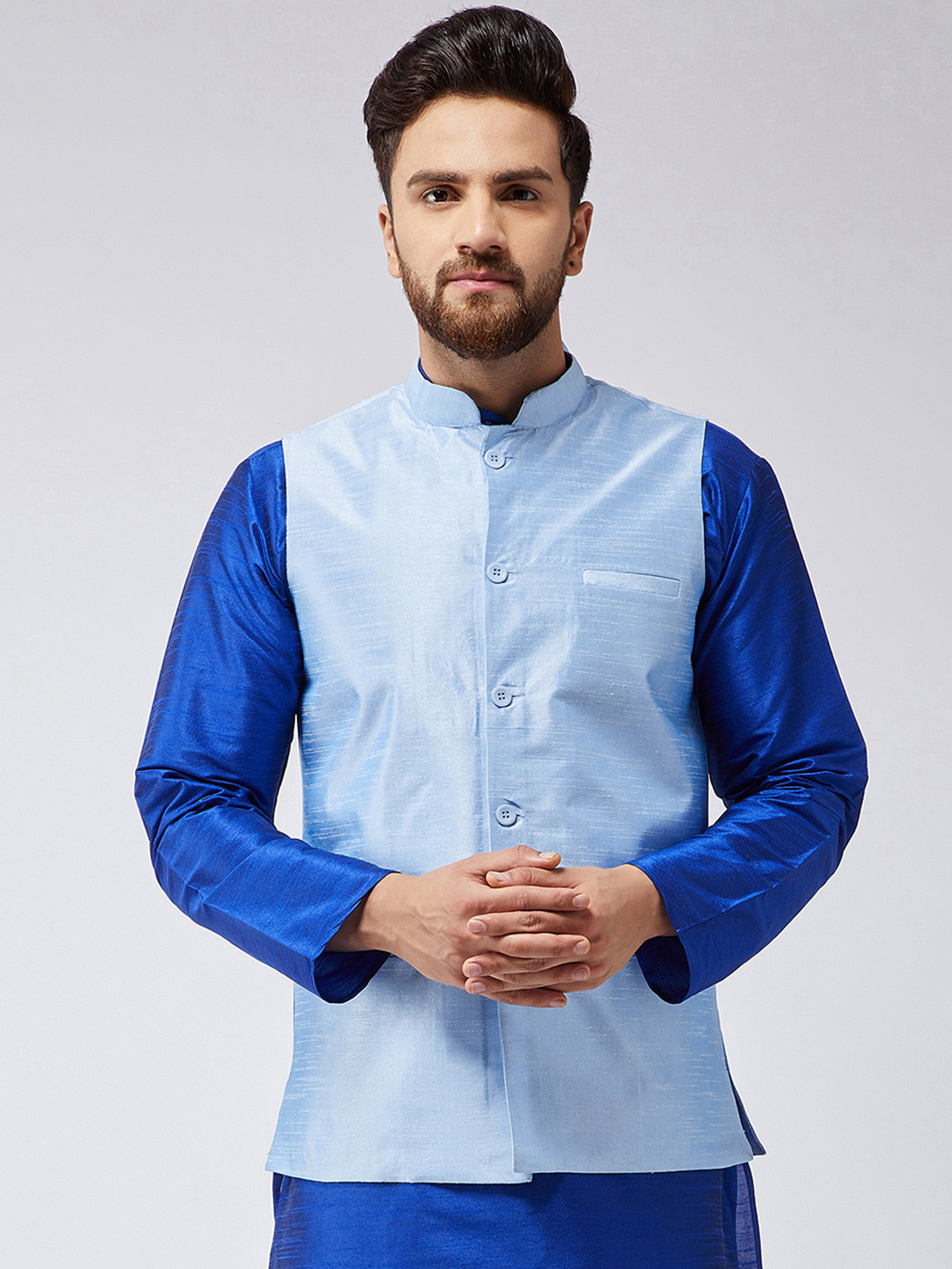 

Sojanya Men Turquoise Blue Solid Nehrujacket