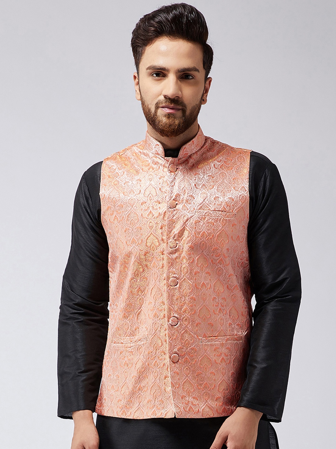 

Sojanya Men Peach Woven Design Nehrujacket