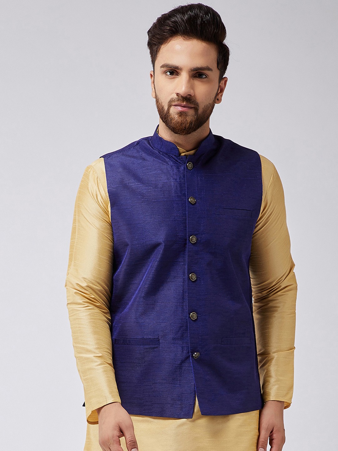 

SOJANYA Navy Blue Woven Design Nehru Jacket