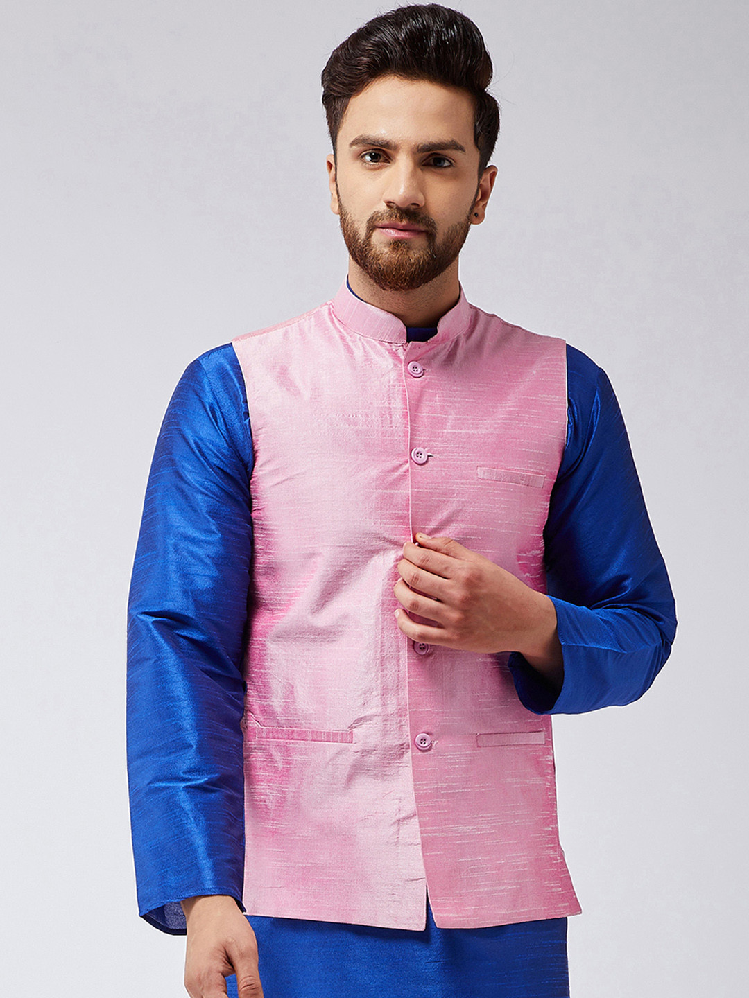 

Sojanya Men Pink Solid Nehrujacket