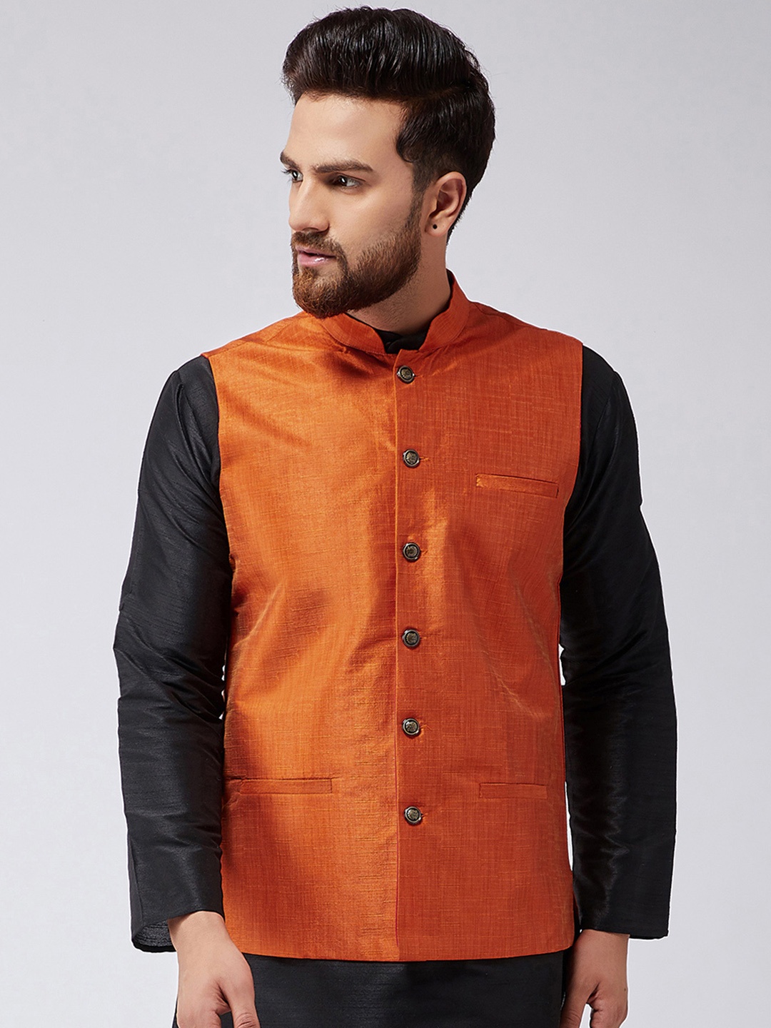 

SOJANYA Men Orange Solid Woven Nehru Jacket