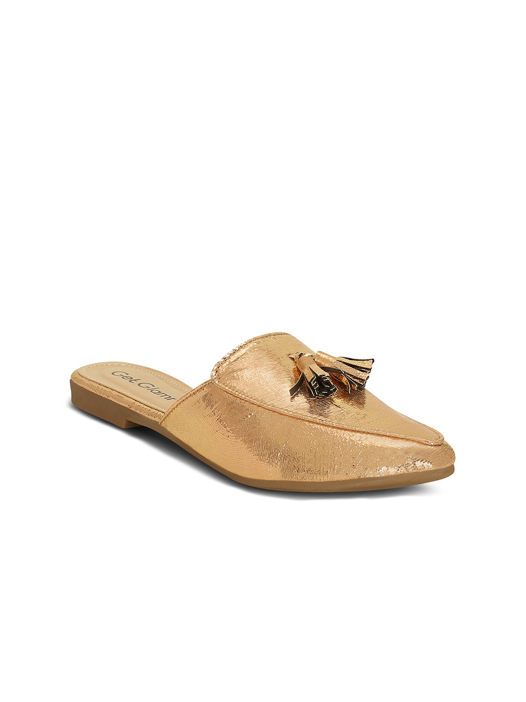 

Get Glamr Women Gold-Toned Solid Synthetic Mules