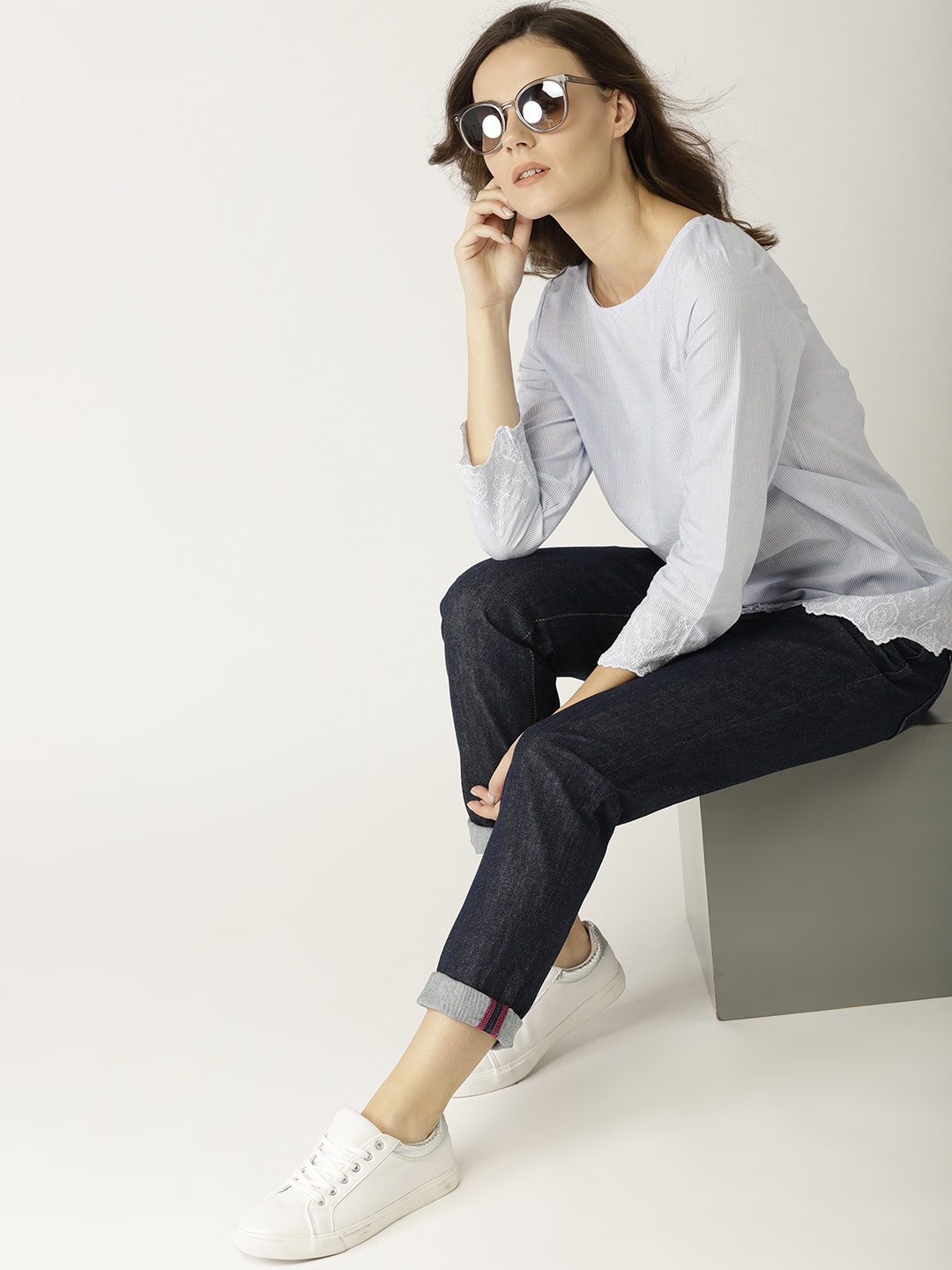 

ESPRIT Women Blue Striped Pure Cotton Top