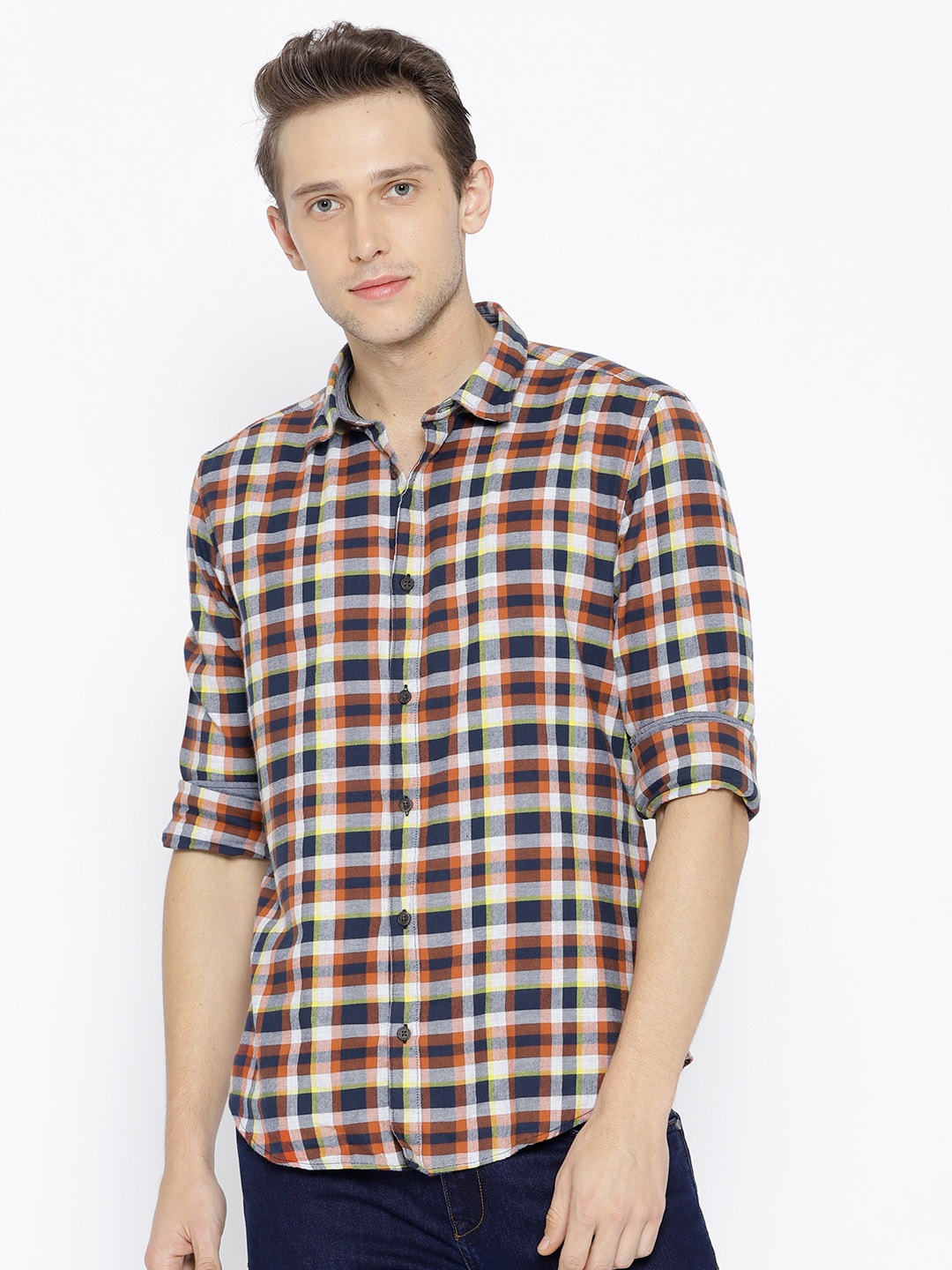 

ESPRIT Men Rust Orange & Navy Blue Slim Fit Checked Casual Shirt