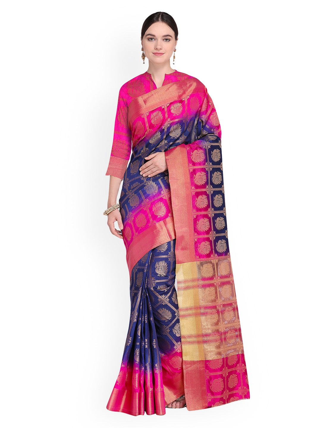 

Ishin Navy Blue & Magenta Woven Design Saree