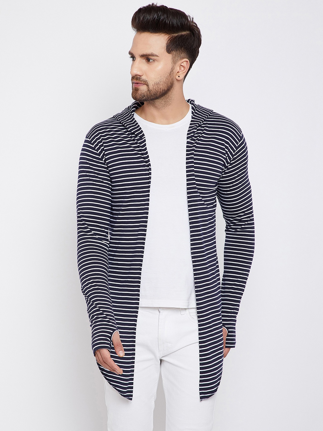 

CHILL WINSTON Men Navy Blue & White Striped Open Front Shrug