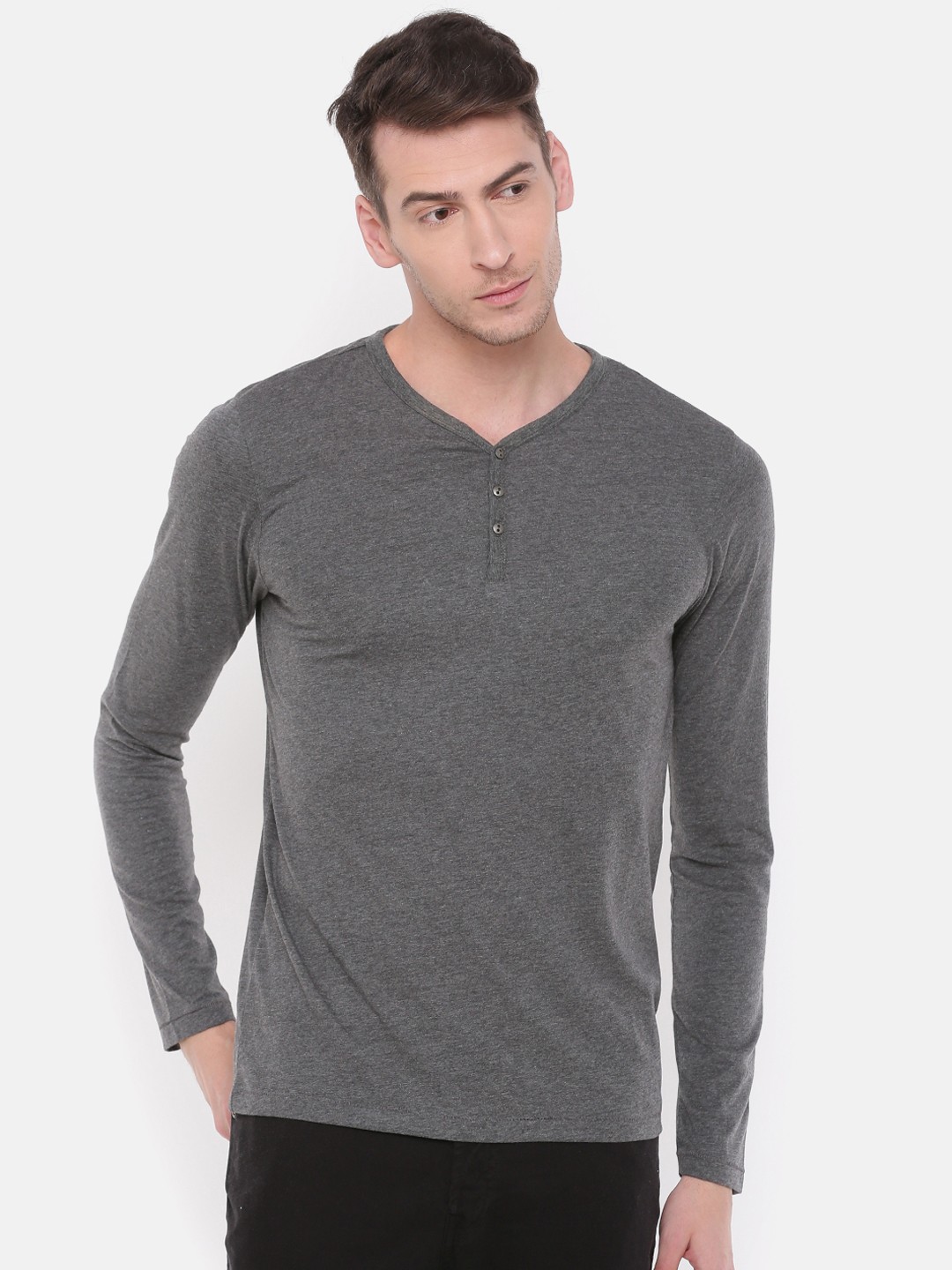 

Jack & Jones Men Grey Solid Henley Neck T-shirt