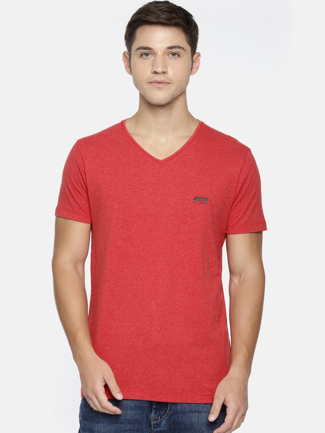 

Jack Jones Men Red Solid V-Neck Pure Cotton T-shirt