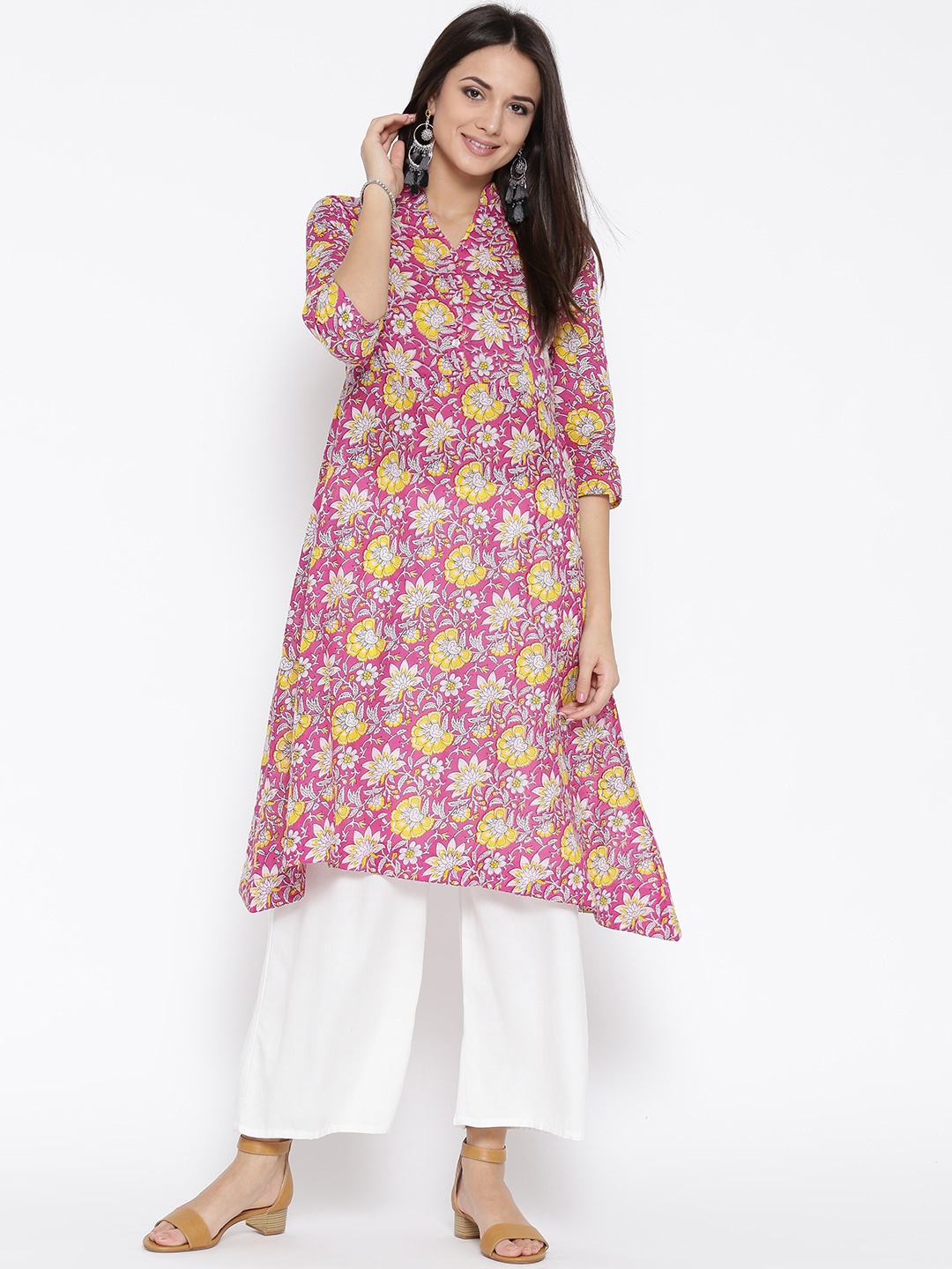 

Sera Women Pink & Yellow Printed A-Line Kurta