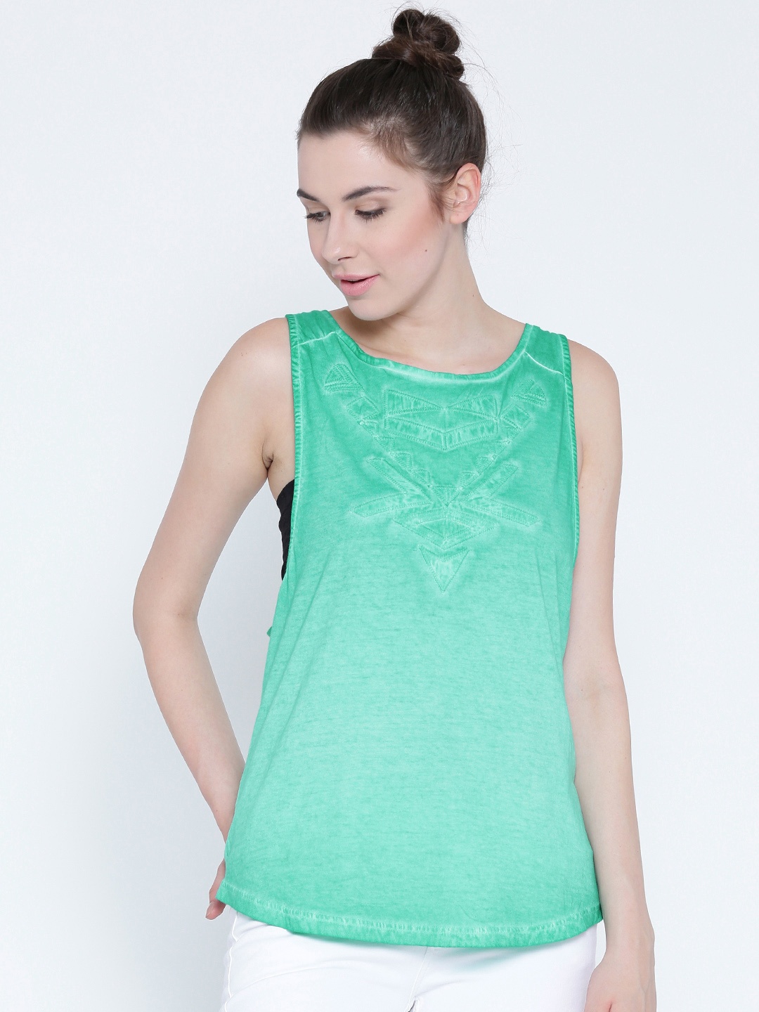 

Sera Women Sea Green Self Design Tank Pure Cotton Top
