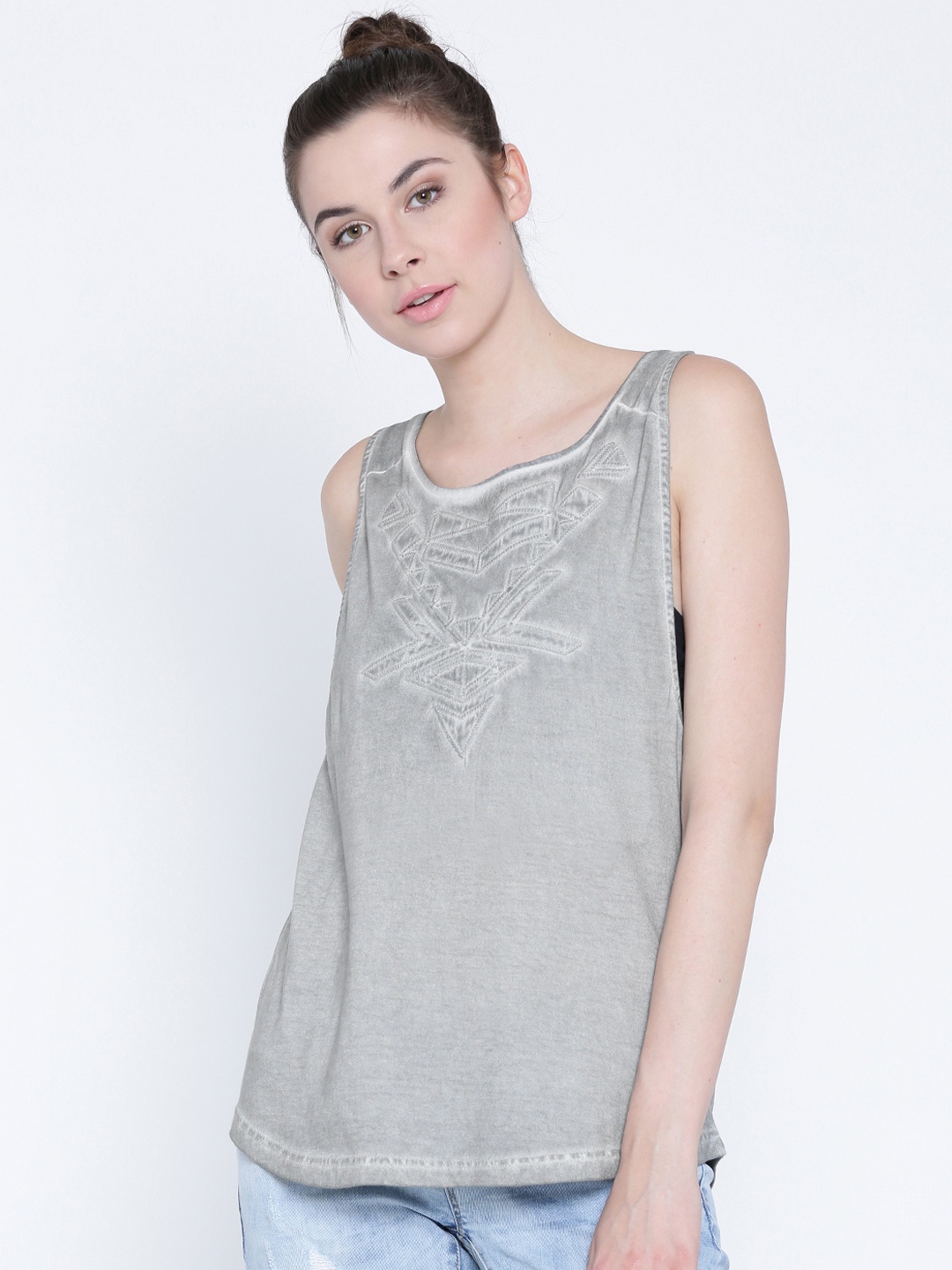 

Sera Women Grey Self Design Tank Pure Cotton Top