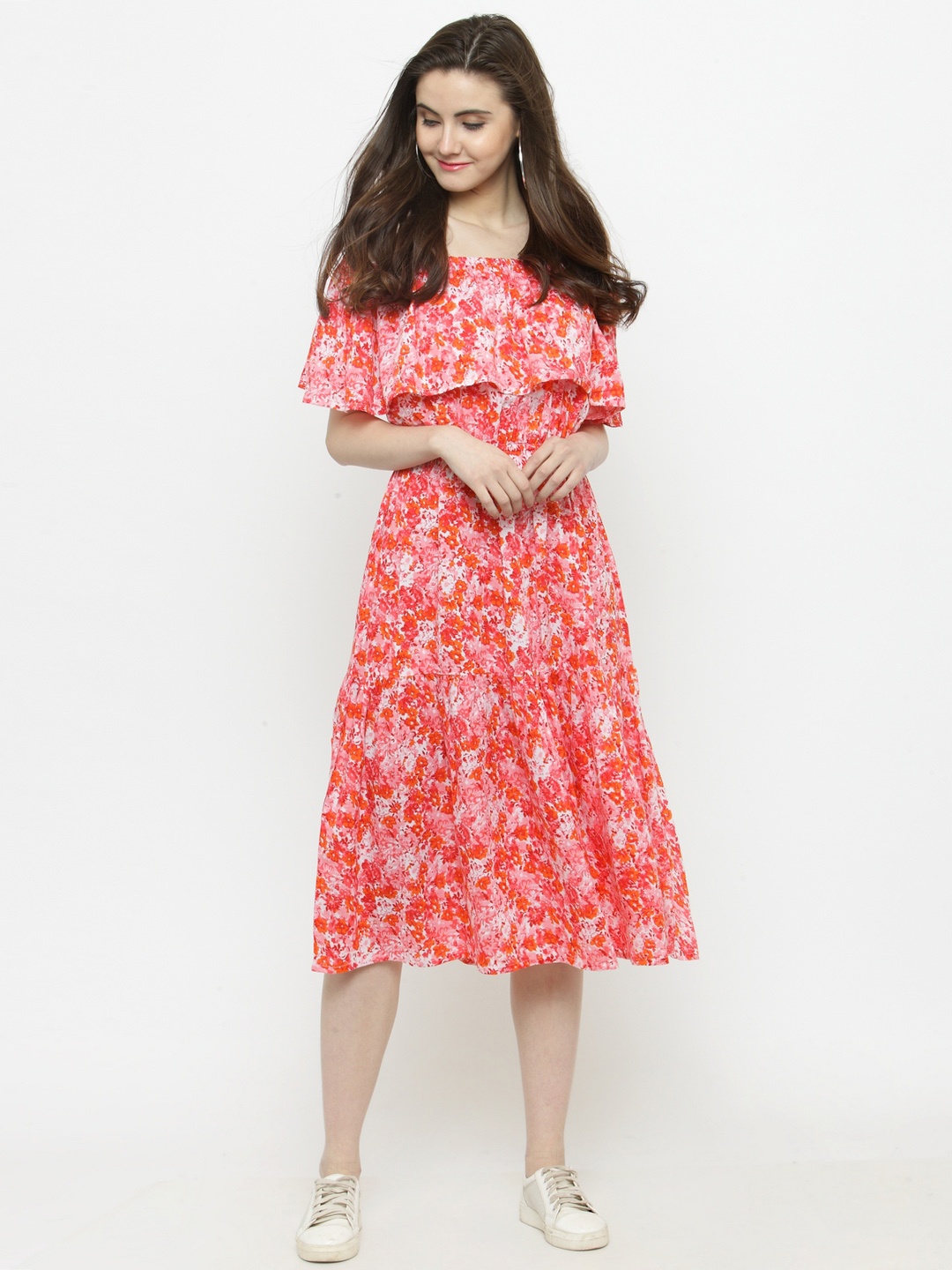 

Sera Women Pink & Orange Printed Fit and Flare Bardot Dress